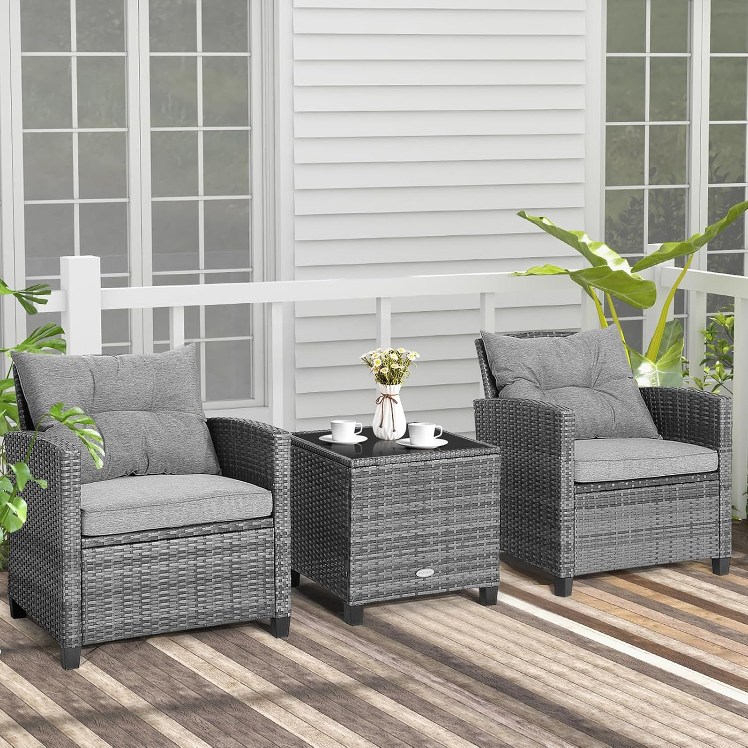 3-Piece Patio Furniture Set, Outdoor Wicker Rattan Sofa with Cushions, Coffee Ta