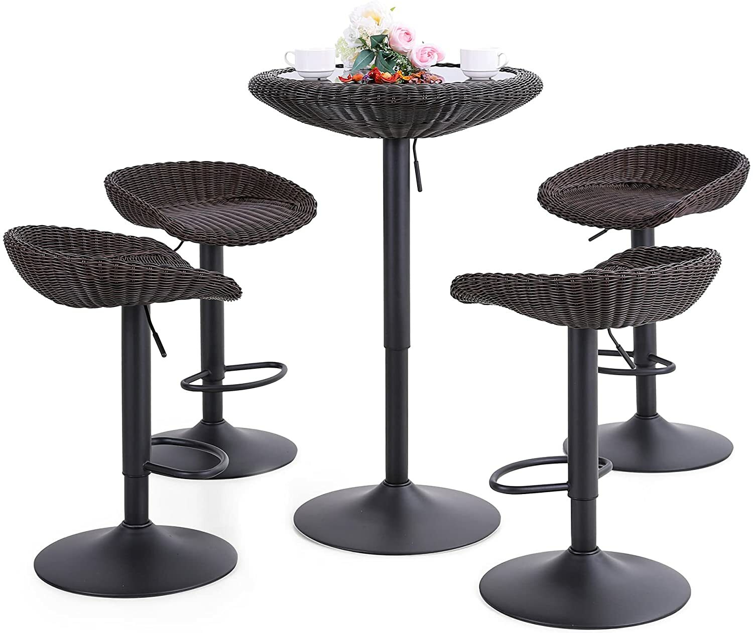 3pcs Patio Bistro Set Rattan Outdoor Furniture Wicker Chairs & Adjustable Table