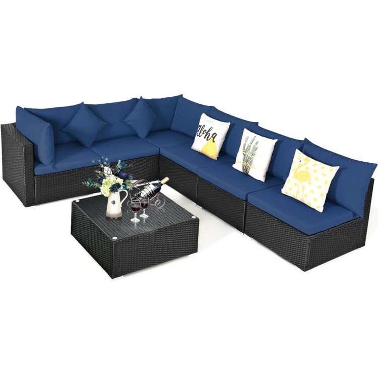 7-Pieces Patio Wicker Furniture Set Outdoor Rattan Sectional Sofa W/ Glass Table