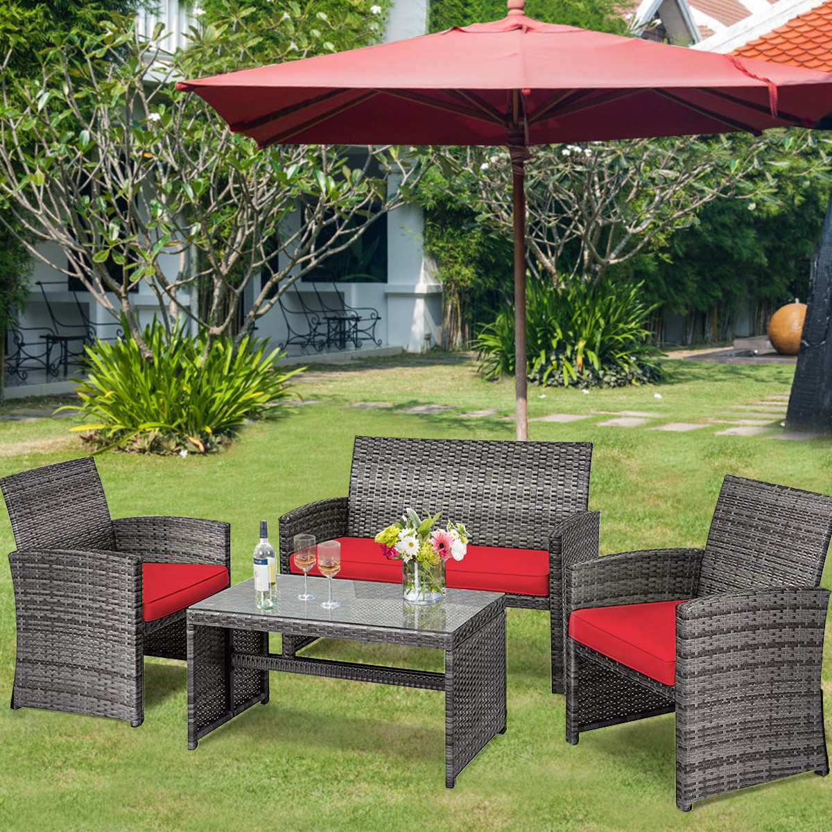 Patiojoy 4PCS Patio Rattan Furniture Set Glass Table Top Cushioned Sofa Red