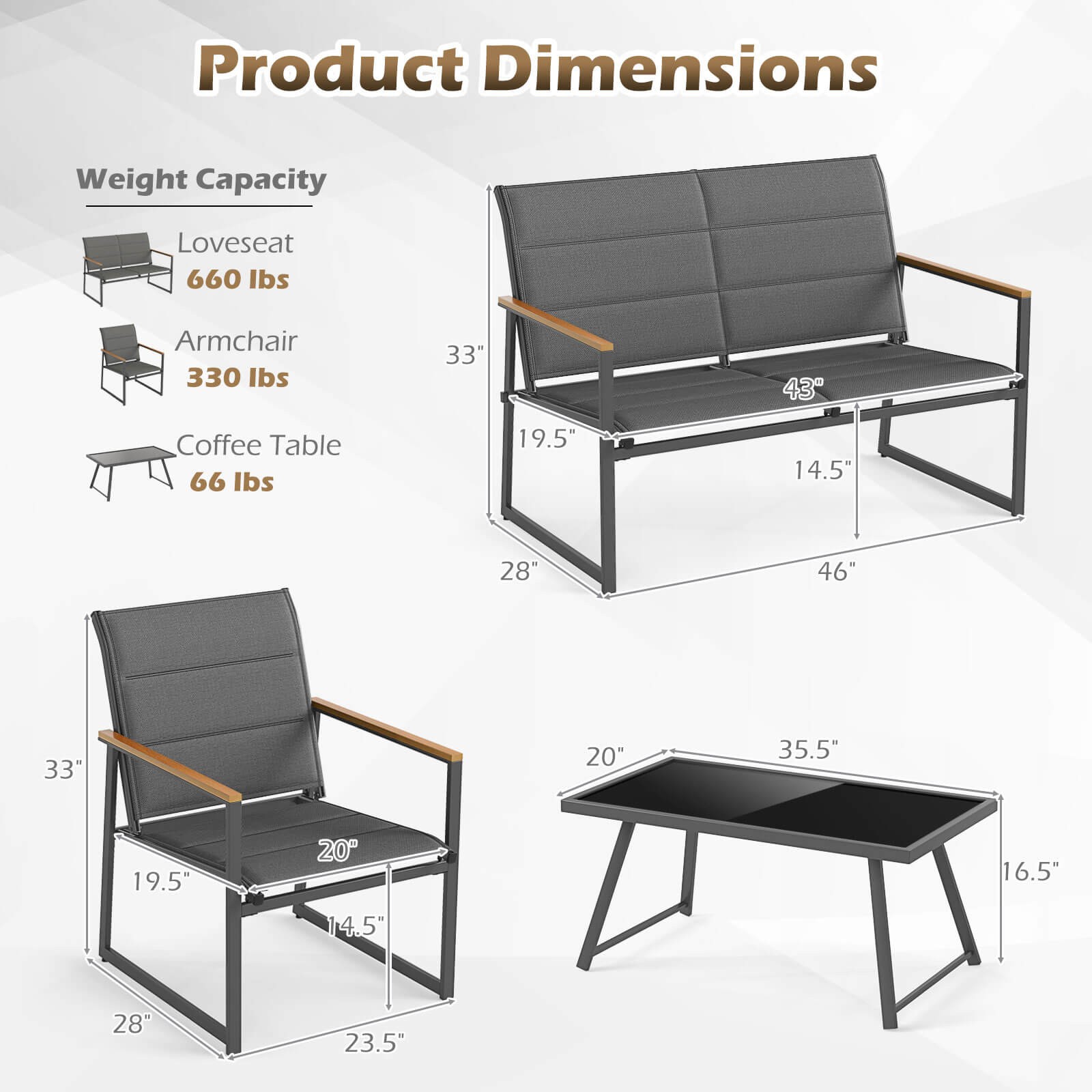 4 PCS Patio Furniture Set w/ Padded Fabric Seat & Wood-Plastic Armrests Table