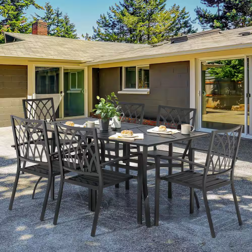 7-Piece Iron Outdoor Dining Set 6 Stackable Chairs Rectangle Table Umbrella Hole