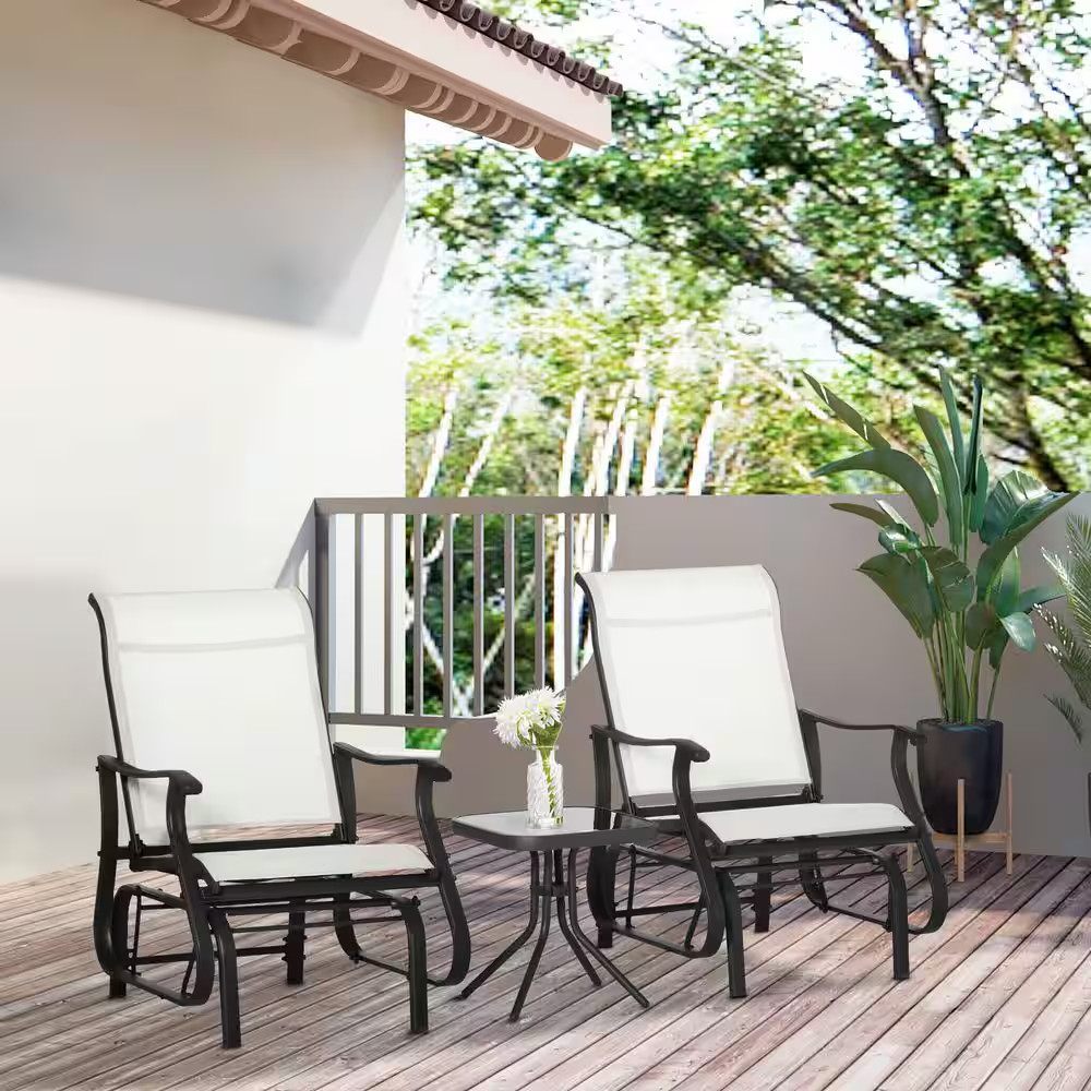 Cream White 3-Piece Outdoor Steel Gliders Bistro Set with Steel Frame, Tempered
