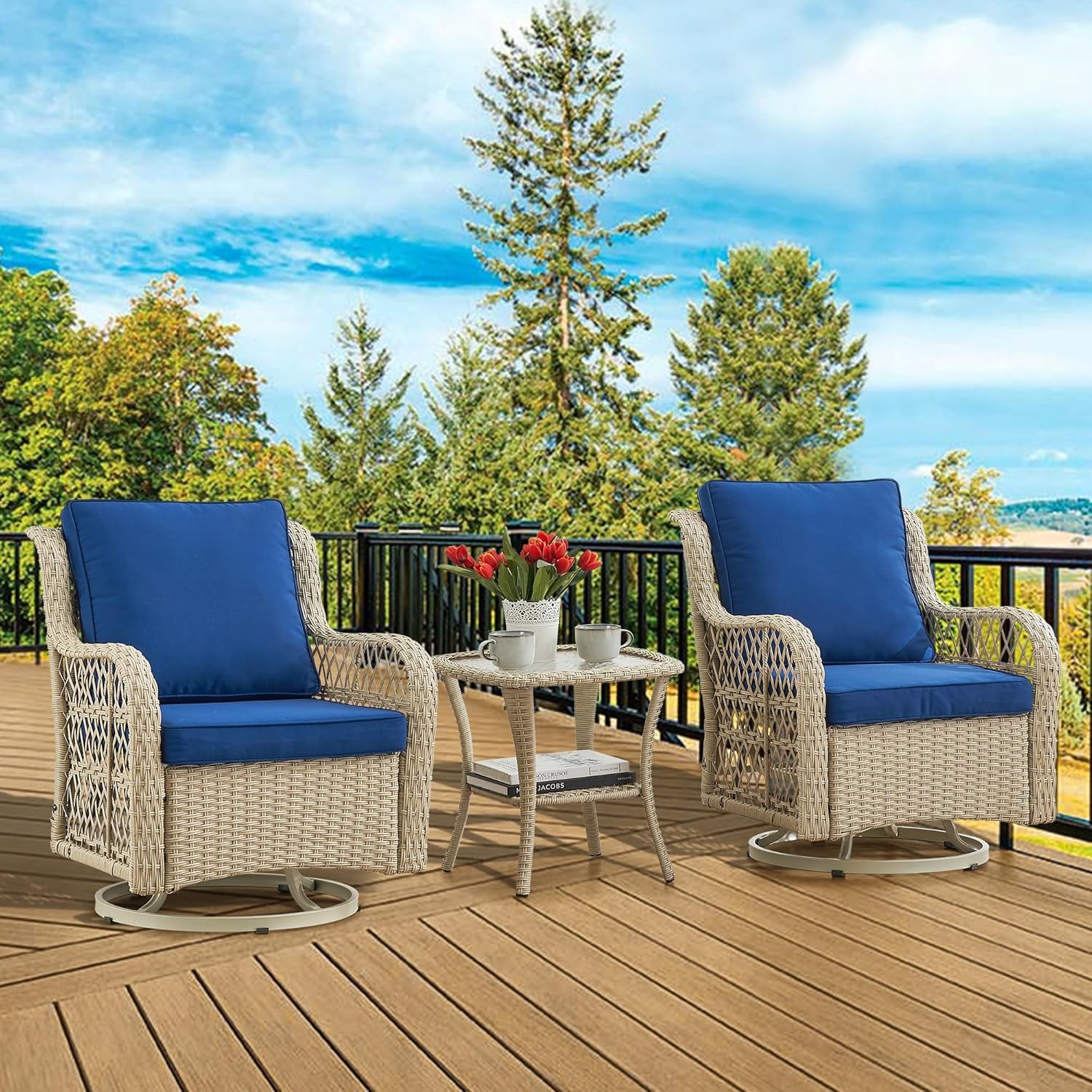 3Pcs Outdoor Wicker Swivel Chairs, Swivel Rocking Chair Set of 2 with Side Table