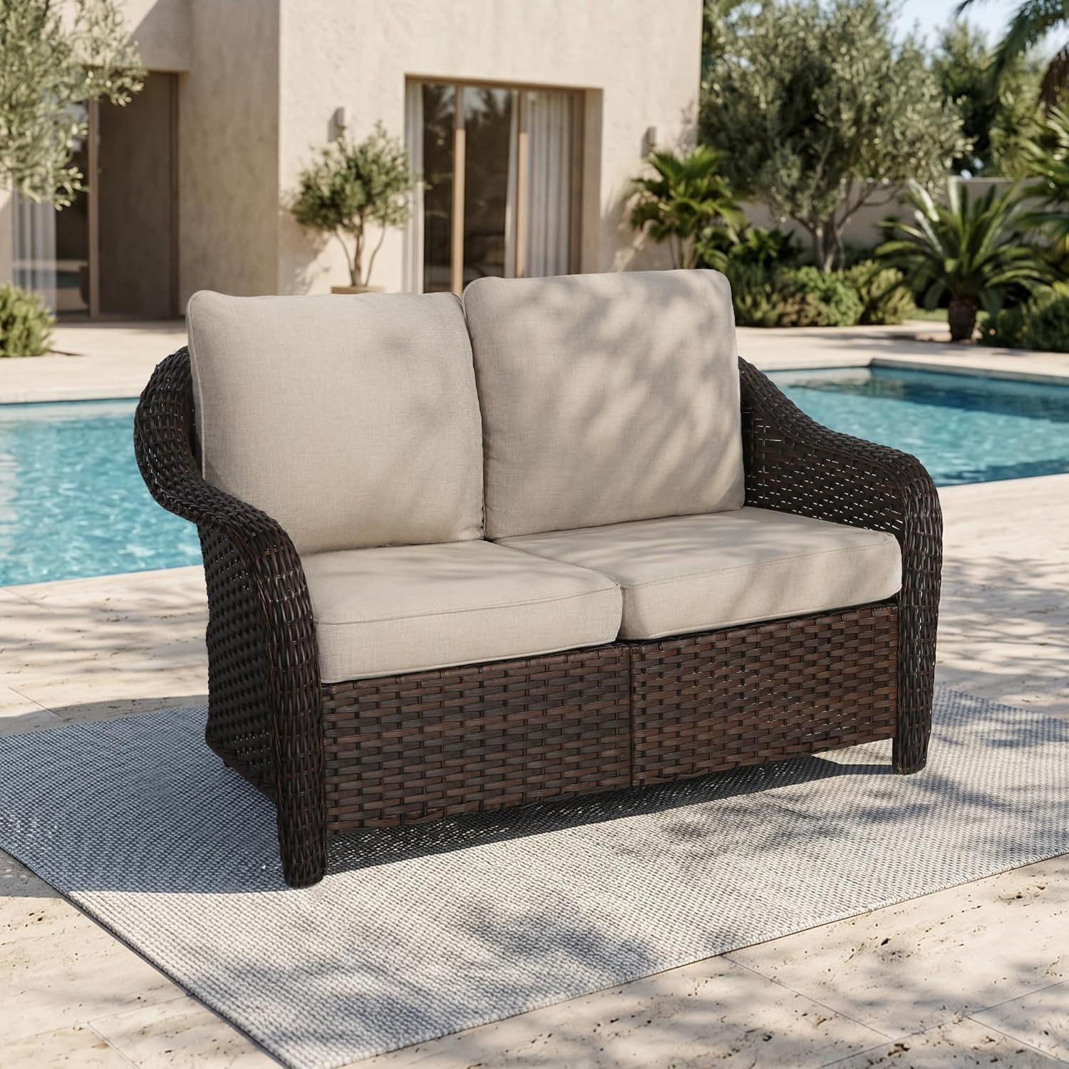 55 Inch Outdoor Wicker 2 Seater Sofa, All-Weather Use Patio Rattan Loveseat with