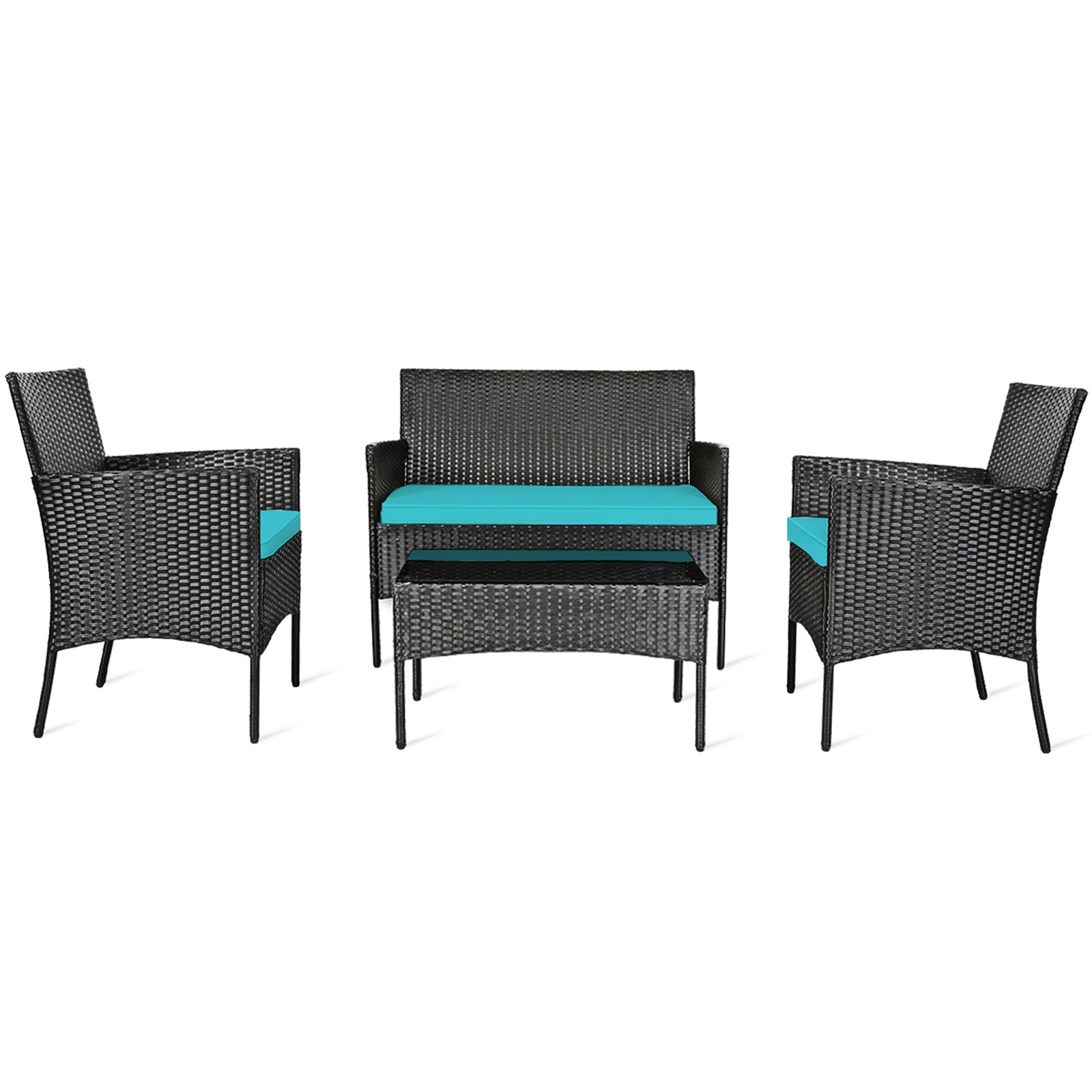 4PCS Outdoor Furniture Set Patio Rattan Conversation Set w/ Turquoise Cushion