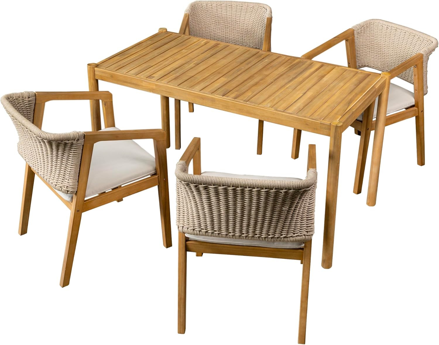 Acacia Wood Outdoor Dining Set for 5 with Rattan Chairs – Light Teak Finish
