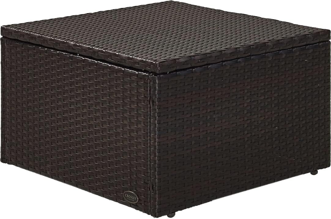 Brown Wicker Outdoor Ottoman with Gray Cushions for Patio & Porch