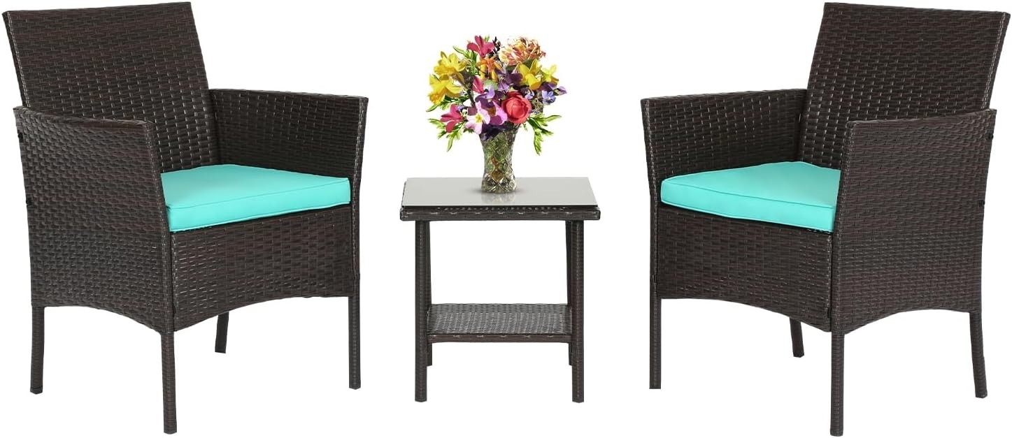 Stylish Brown Wicker Bistro Set with Two Blue Cushioned Chairs for Outdoors