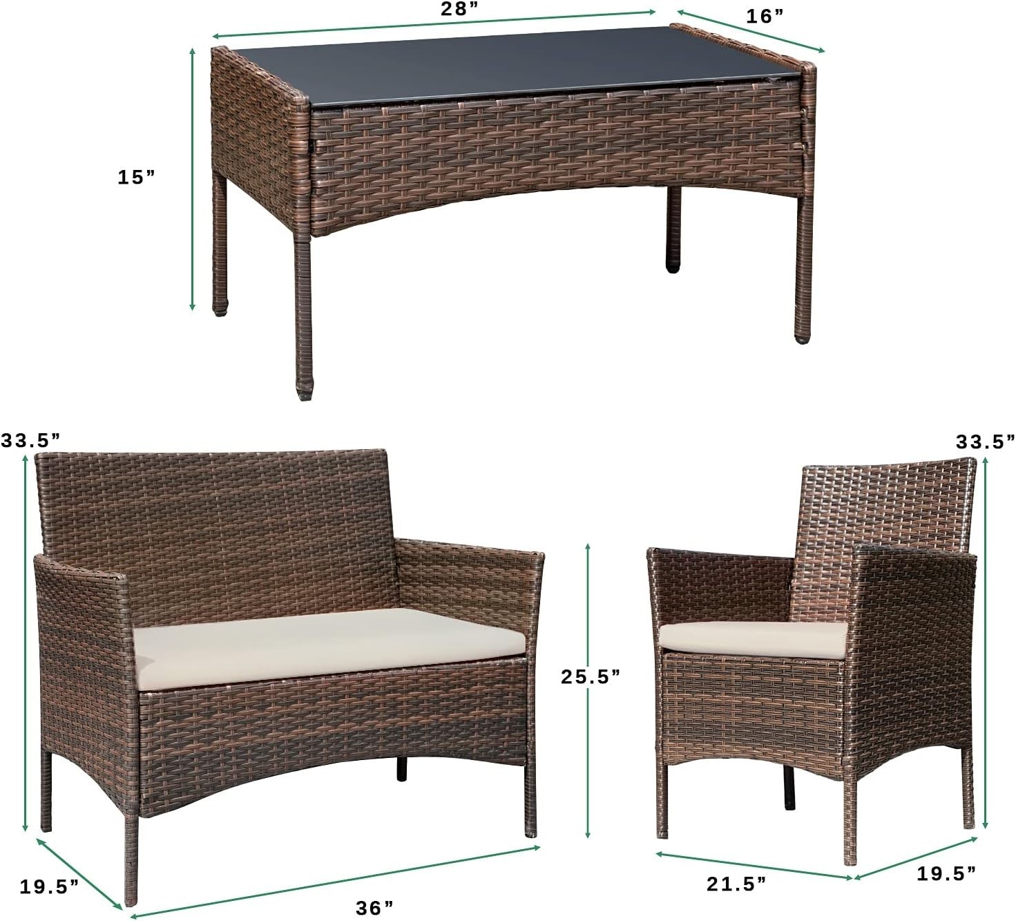 4-Piece Outdoor Wicker Conversation Set with Cushions & Glass Table, Brown Beige