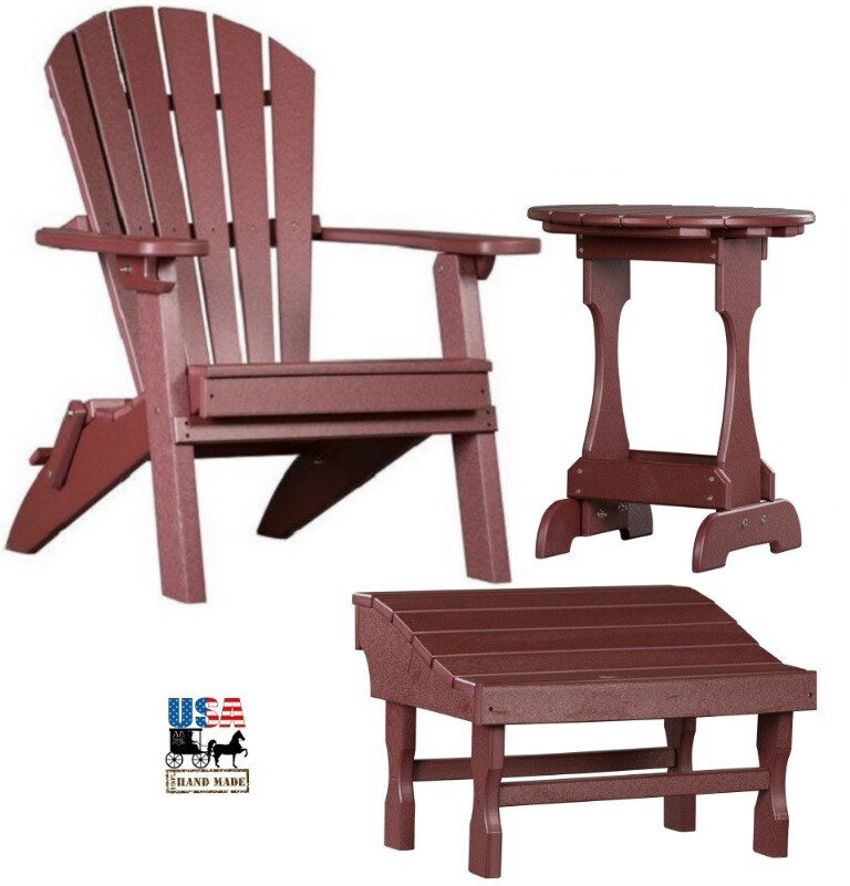 3pc 4 SEASON PATIO SET – Folding BURGUNDY Adirondack Chair Ottoman & Candy Table