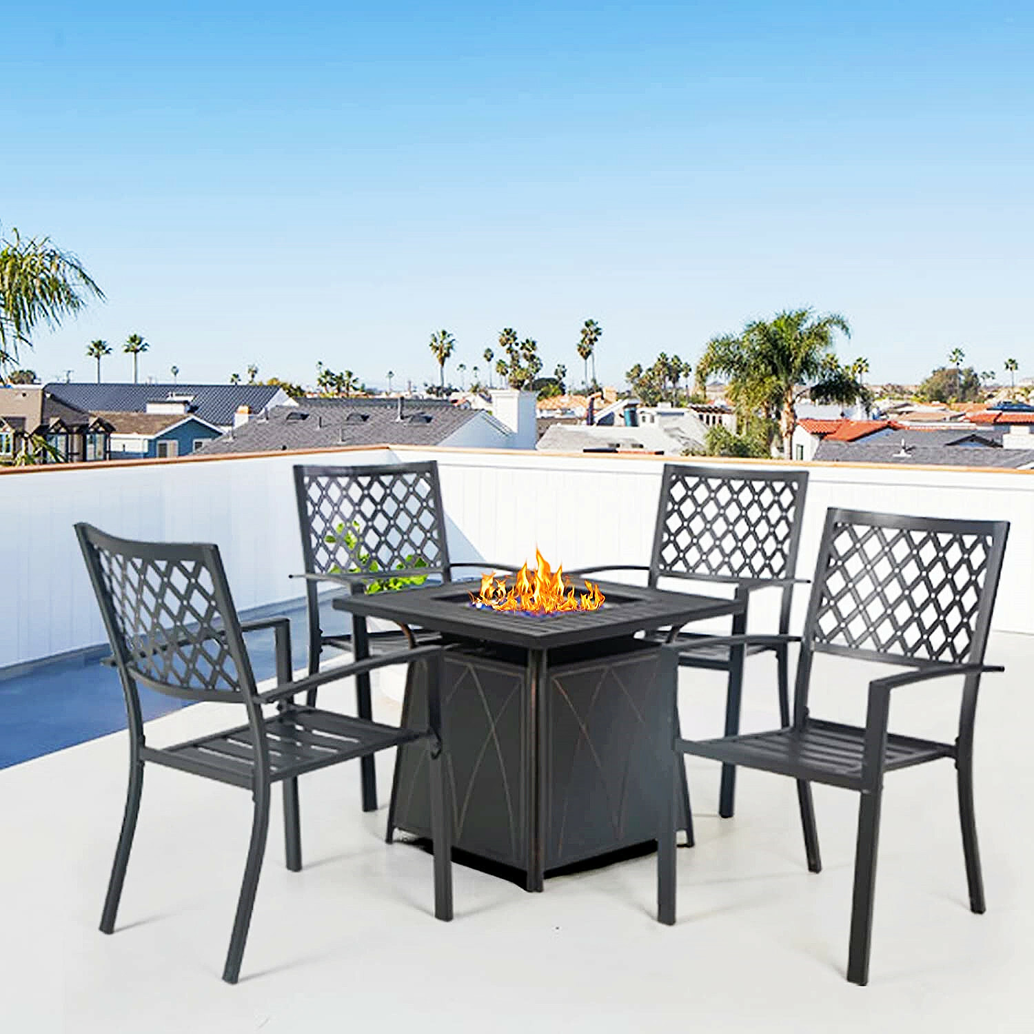 5 Piece Patio Furniture Set with Gas Fire Pit Table Outdoor Dining Chairs Metal