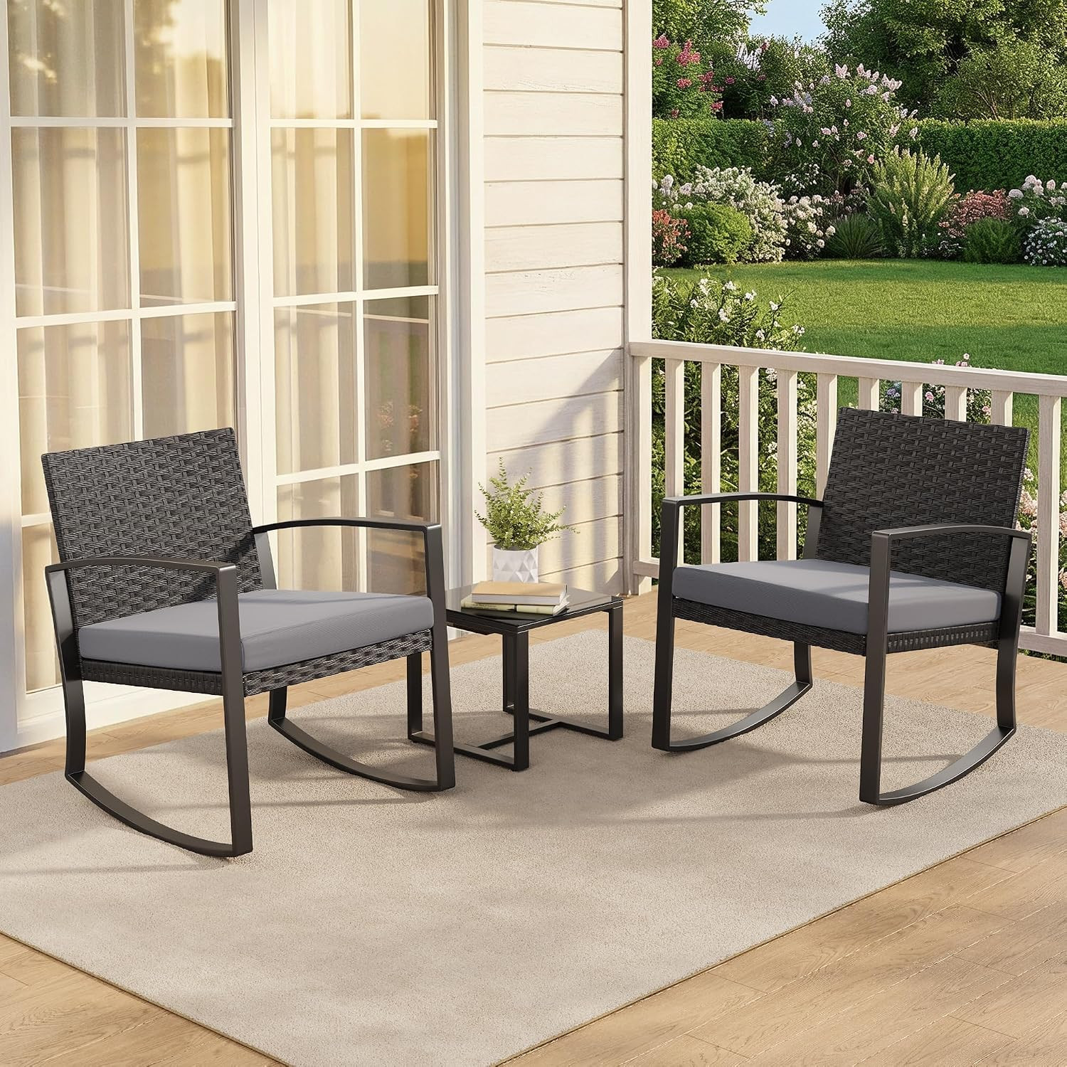 Qsun 3 Pieces Patio Furniture Set Rocking Bistro Set Outdoor Rattan Conversation