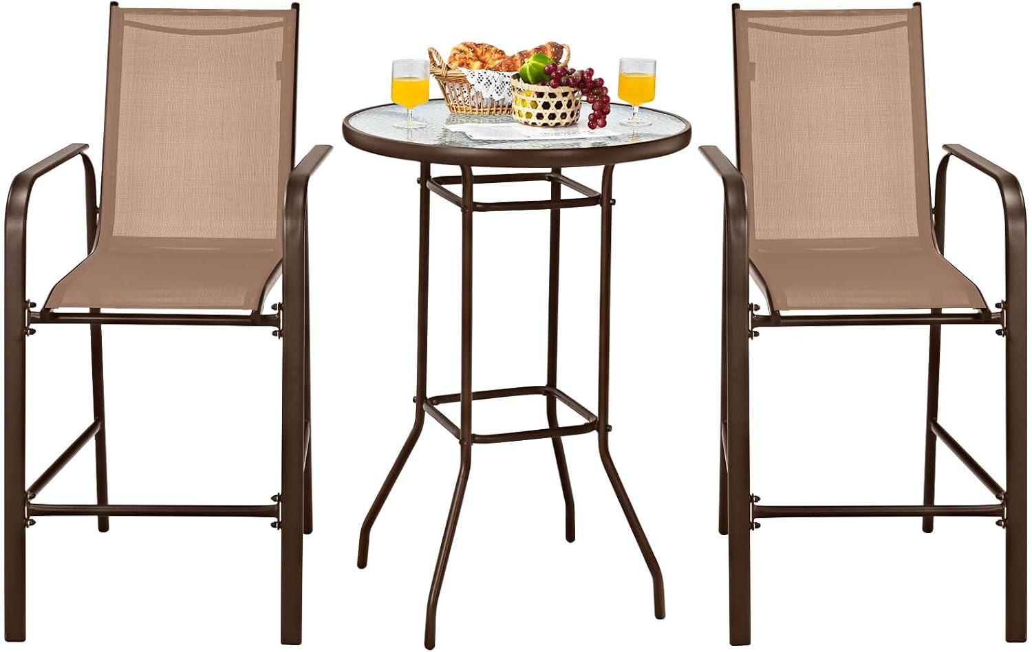 Stylish 3-Piece Outdoor Bar Set with Glass Table & 2 Stools – Coffee Color