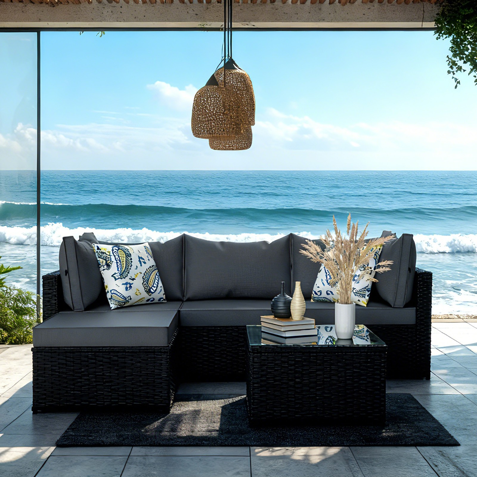 Grey Patio Furniture Set Outdoor Sectional Sofa with Table Rattan Wicker Couch