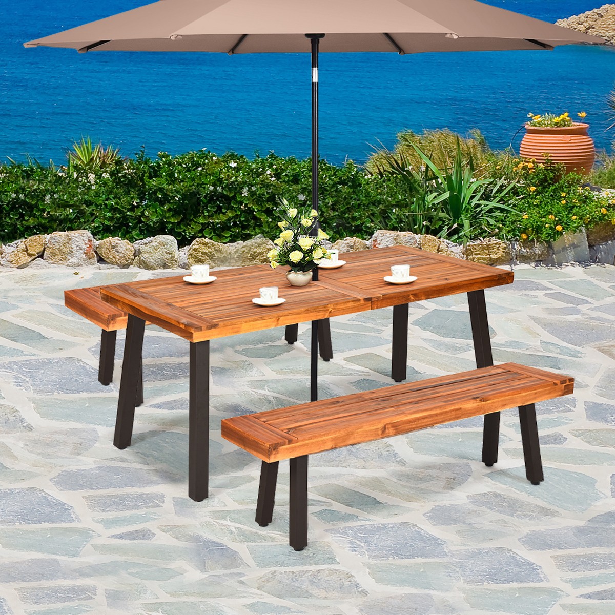 6-Person Picnic Dining Table Finish Acacia Table Patio w/Metal Leg Umbrella Hole