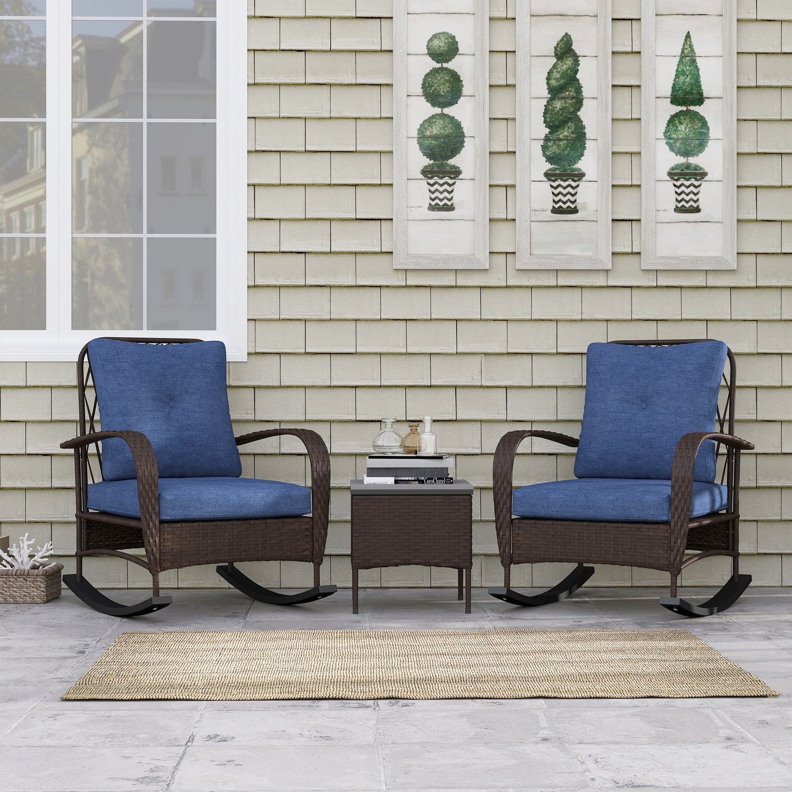 Outsunny Rocking Chairs & Coffee Table, Patio Furniture Set with Cushion, Brown