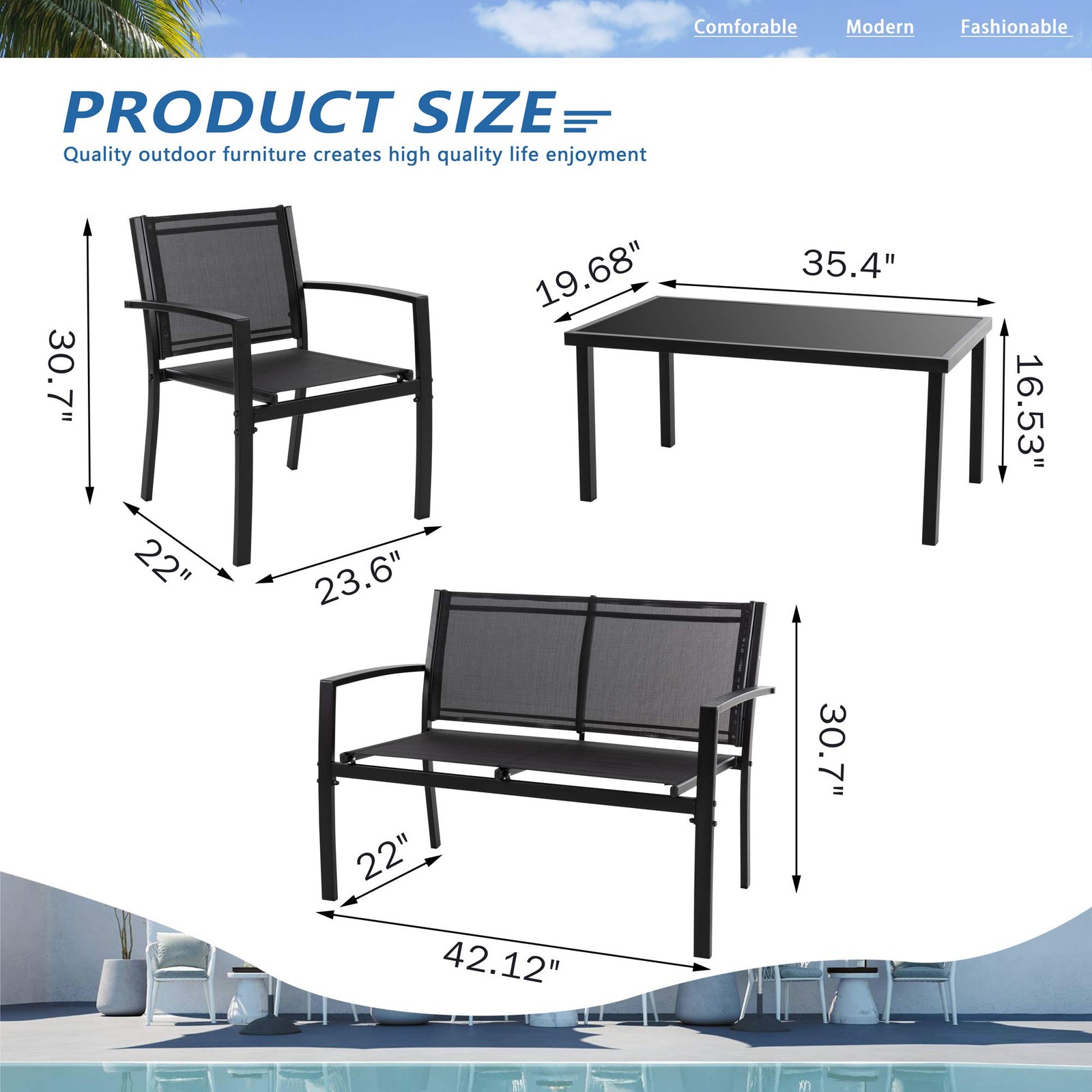 Outdoor Patio Coffee Glass Table Bench and 2 Chairs Furniture Set Clearance Sale