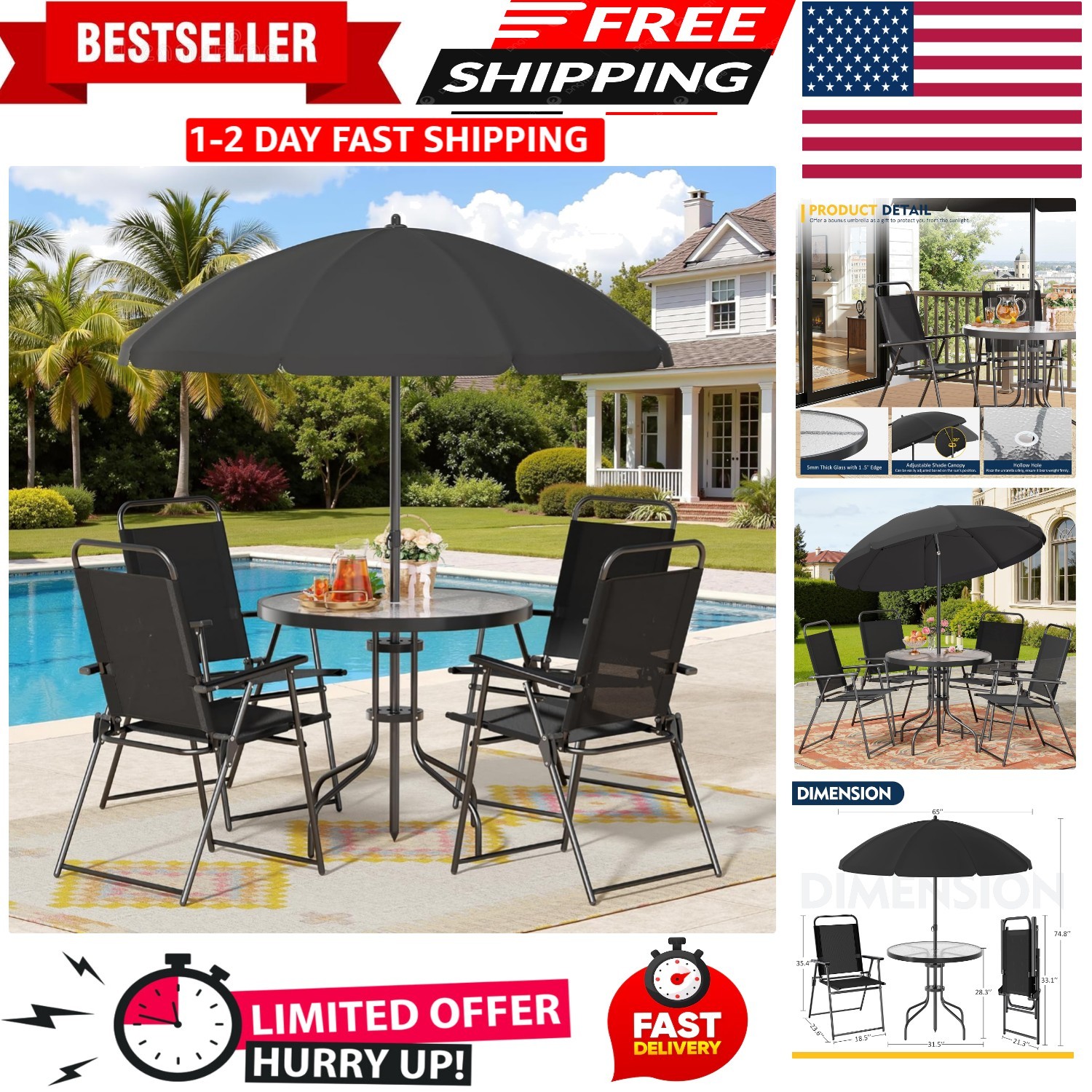 Metal frame with glass table, 4 chairs + umbrella, all-weather design for outdoo