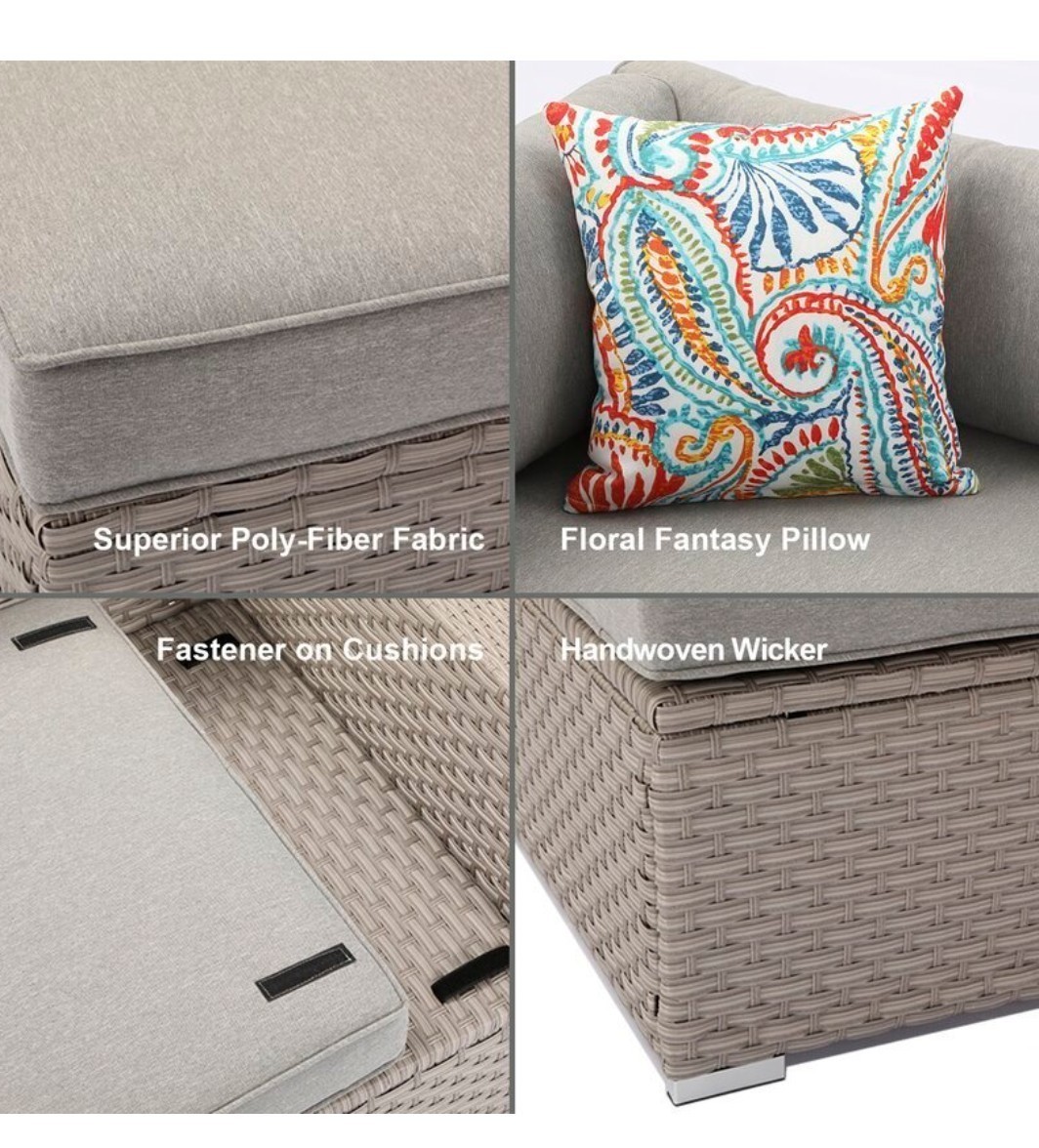 Handwoven Gray Wicker Patio Sectional Sofa Set w/ Cushions & Square Fire Pit