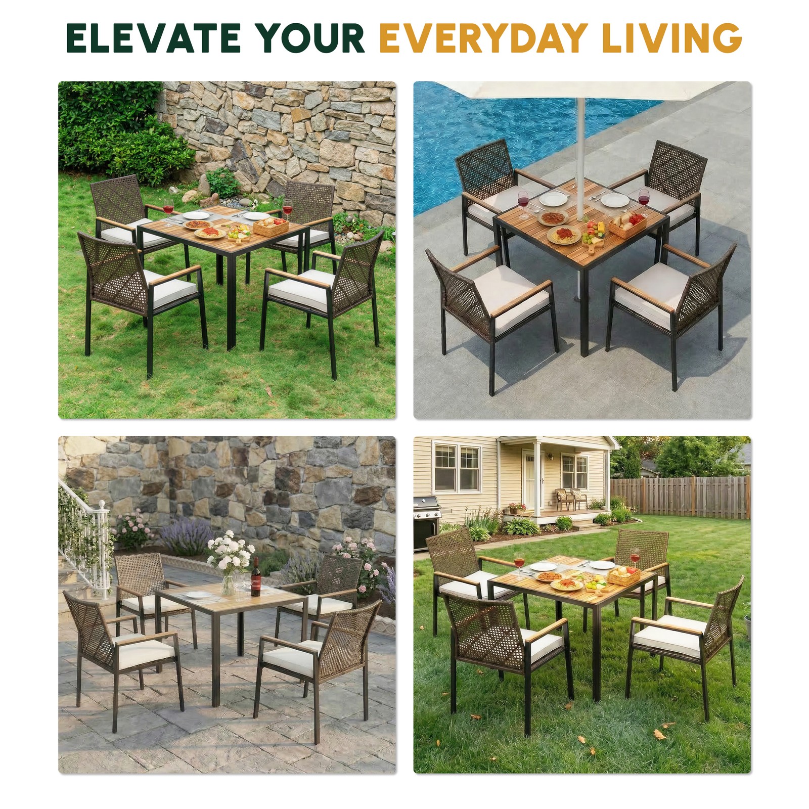 5-Piece Patio Dining Set Acacia Wood Table PE Rattan Chairs Coffee Brown