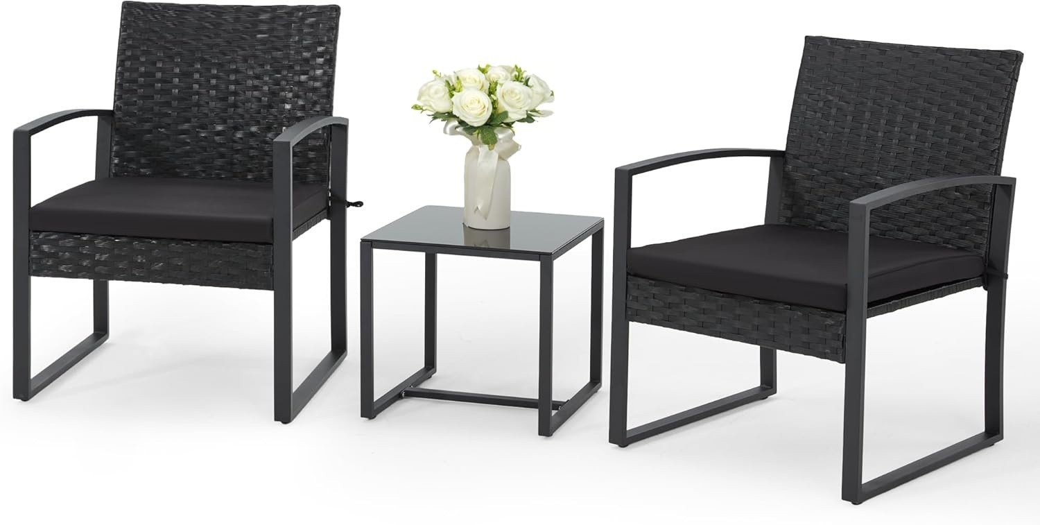 3 Pieces Patio Furniture Set, Outdoor Rattan Bistro Set W/ Coffee Table, Durable