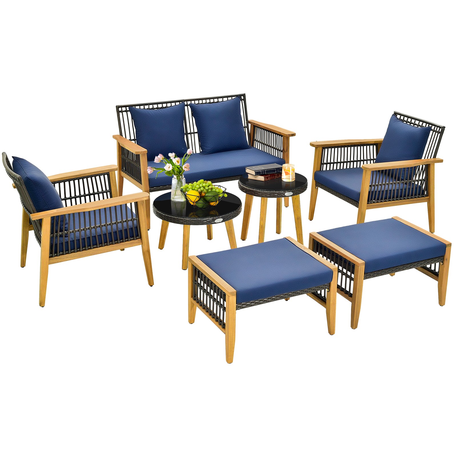 7 Piece Outdoor Conversation Set w/ 2 Coffee Tables & 2 Ottomans for Backyard