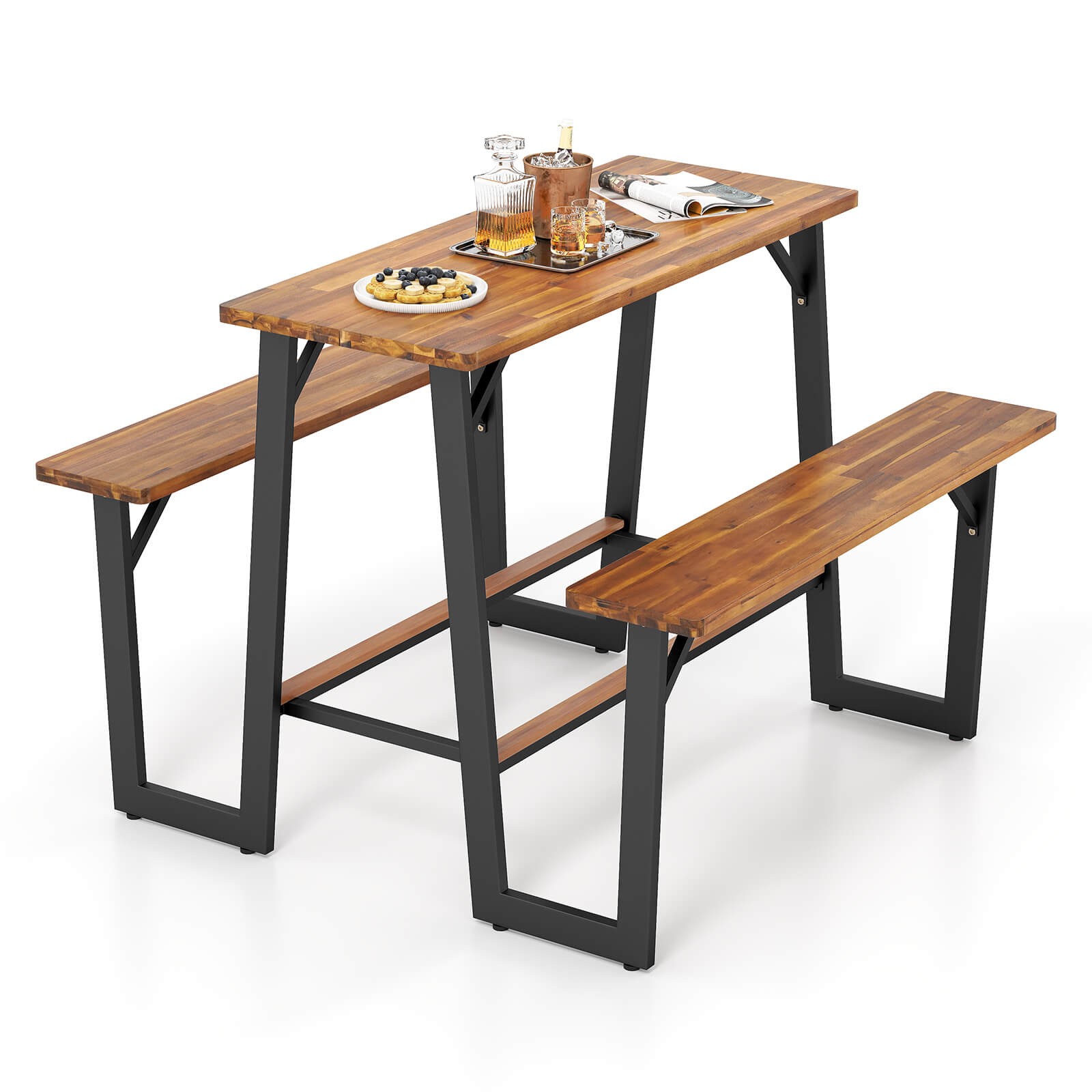 Patio Picnic Table Bench Set w/Acacia Wood Tabletop Benchtop Built-in Footrests