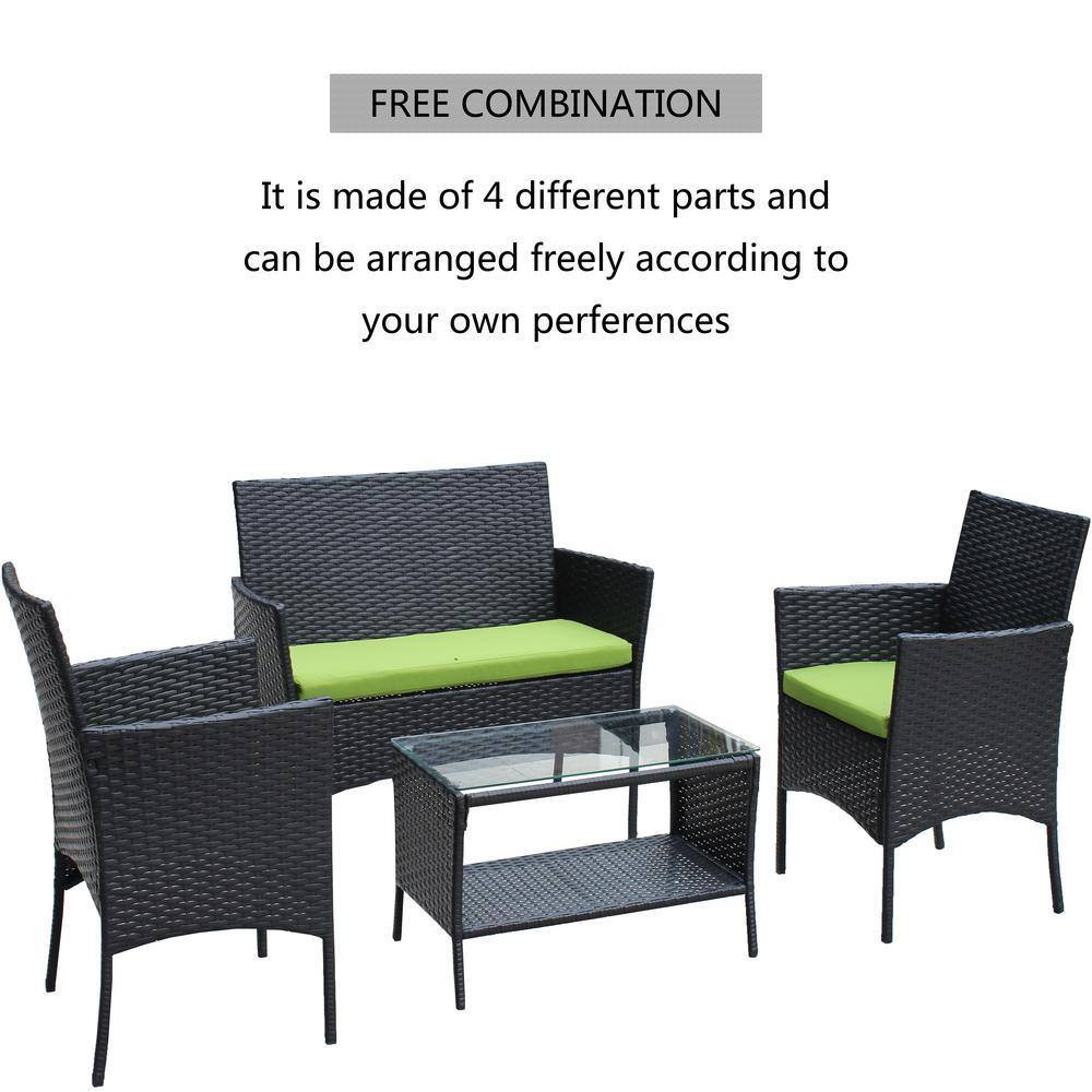 4-Piece Rattan Wicker Outdoor Sectional Set with Green Cushions and Tea Table