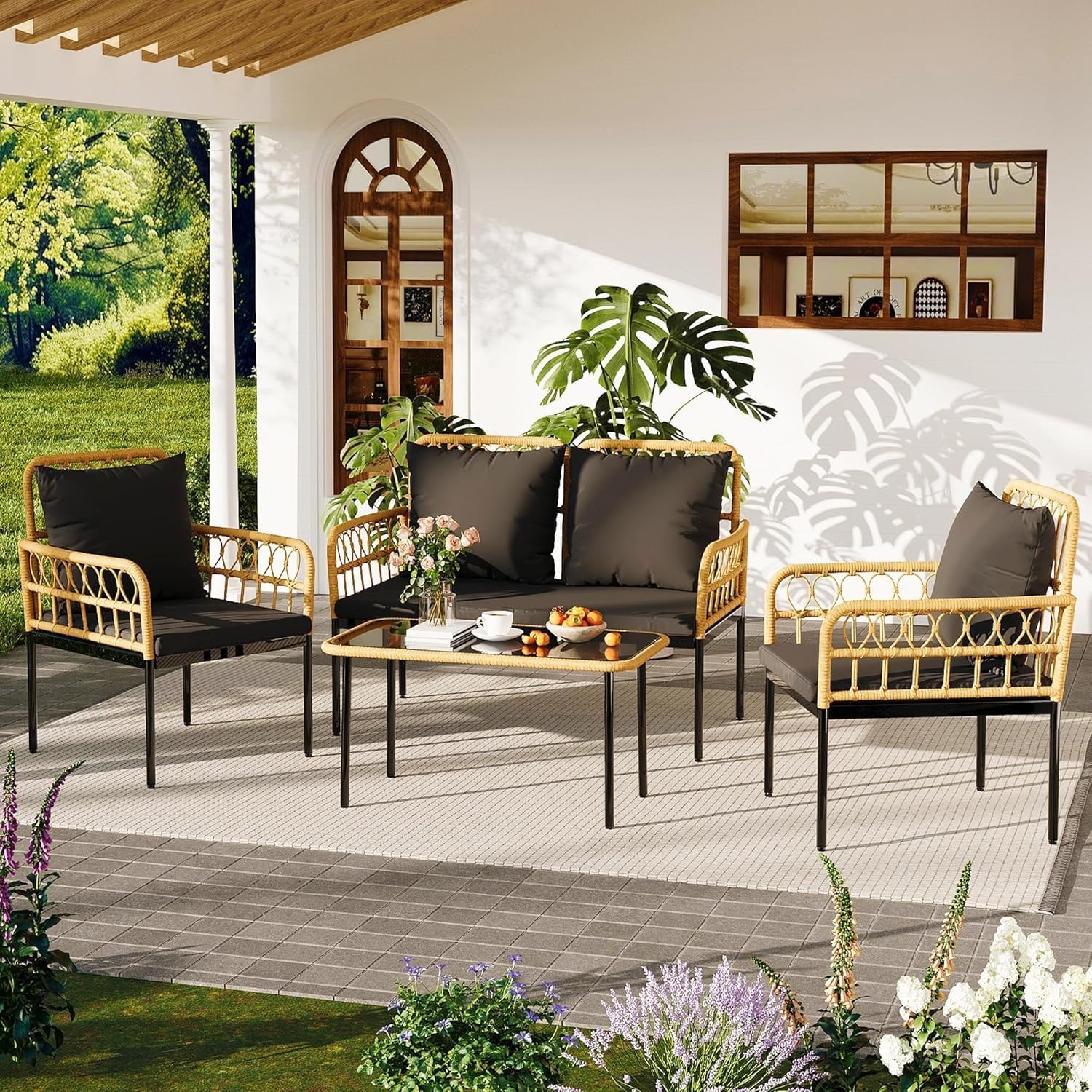 4 Piece Outdoor Patio Furniture Set, All-Weather Wicker Table and Chair Set Set