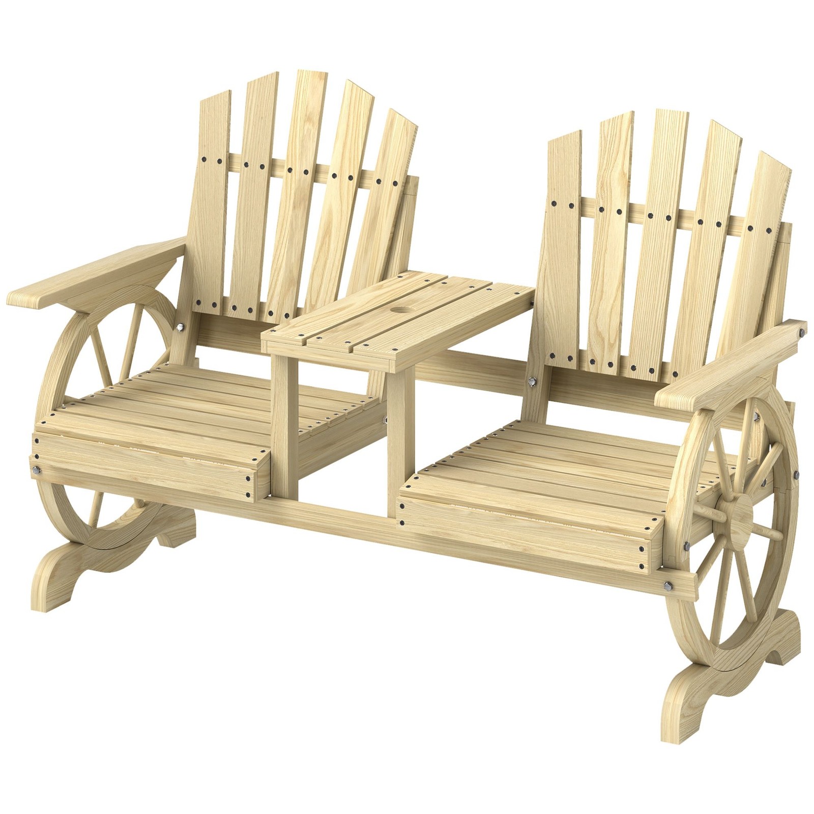 Outdoor Garden Bench: 2-Seat, Table, Umbrella Hole, Fir Wood
