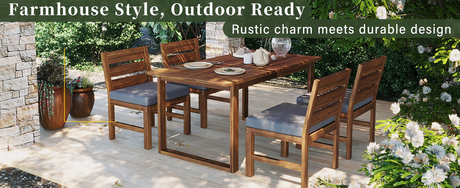 Farmhouse Acacia Wood 5-Piece Outdoor Patio Dining Set for 4