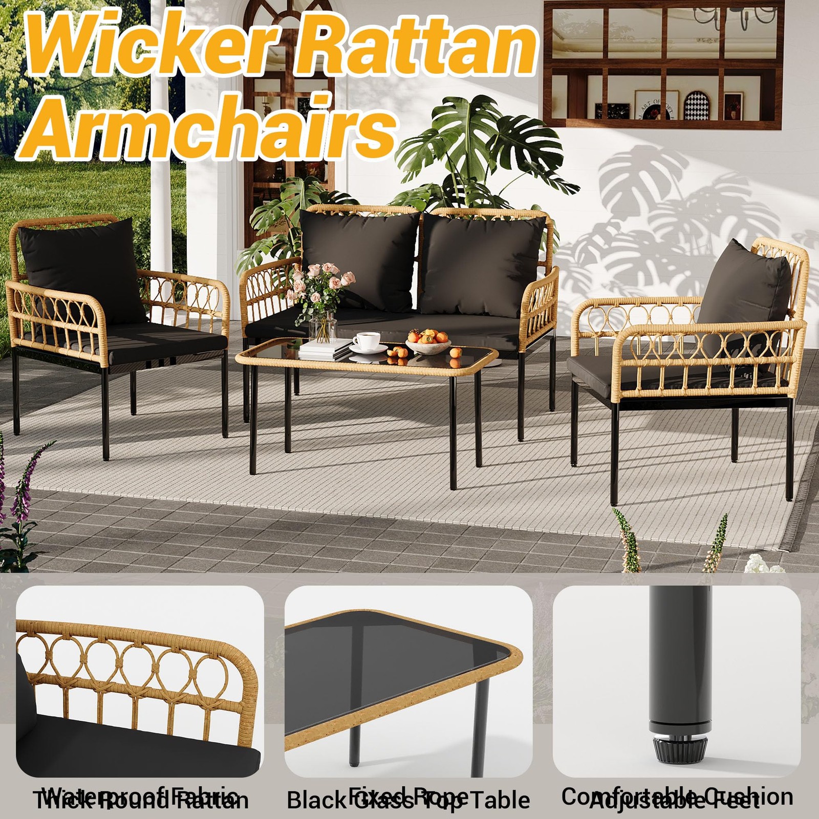 4 Piece Outdoor Patio Furniture Set, All-Weather Wicker Table and Chair Set Set