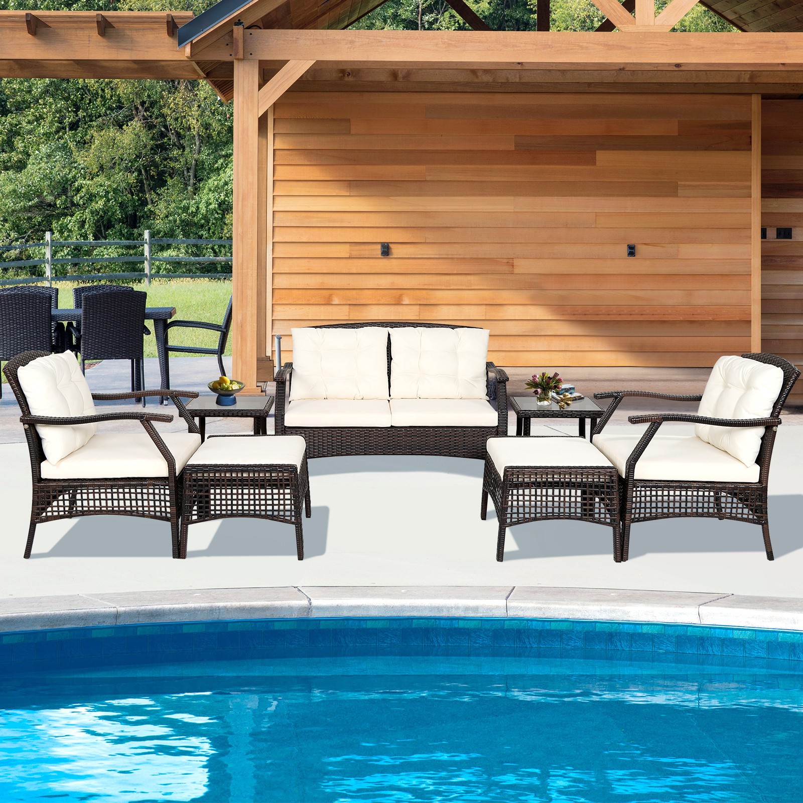 7 PCS Patio Rattan Furniture Set Cushioned Seat with Waterproof Cover Off White