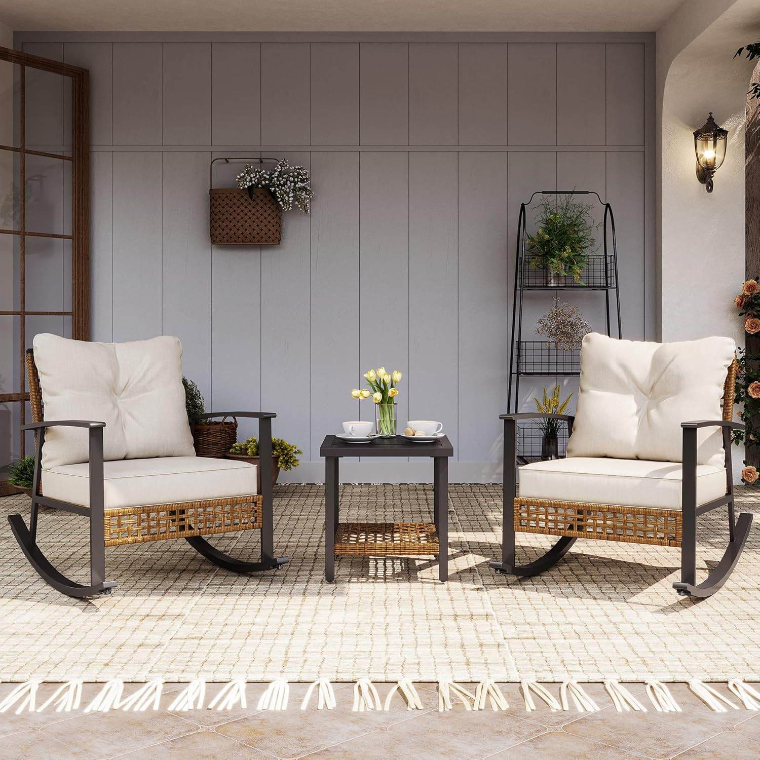 LAUSAINT HOME 3-Piece Rocking Bistro Set, Outdoor Patio Furniture with Thick Cus