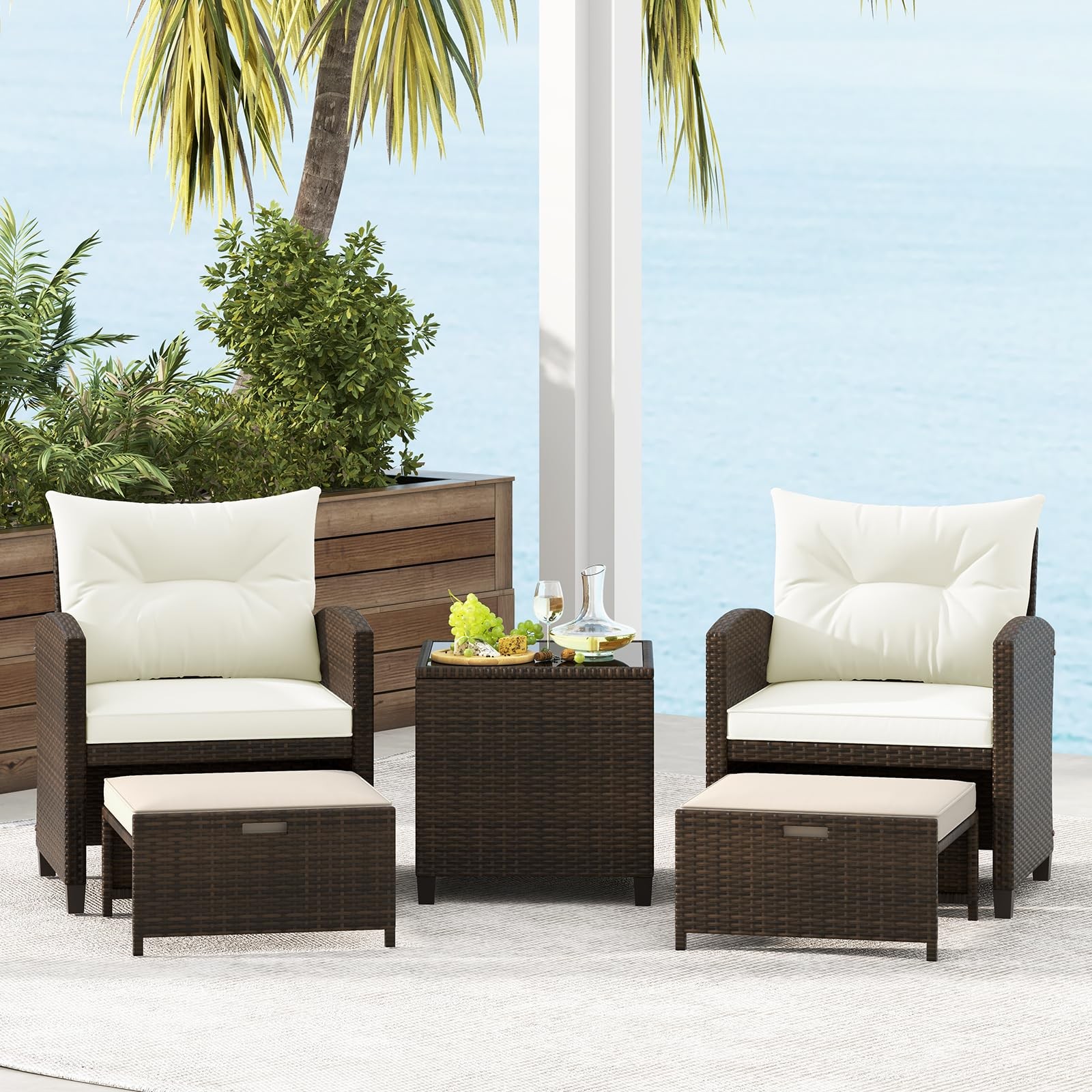 5 Pieces Patio Conversation Set, PE Wicker Outdoor Furniture Set with 2 Chair…