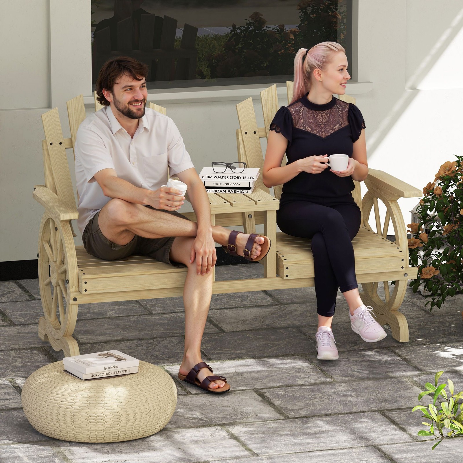 Outdoor Garden Bench: 2-Seat, Table, Umbrella Hole, Fir Wood