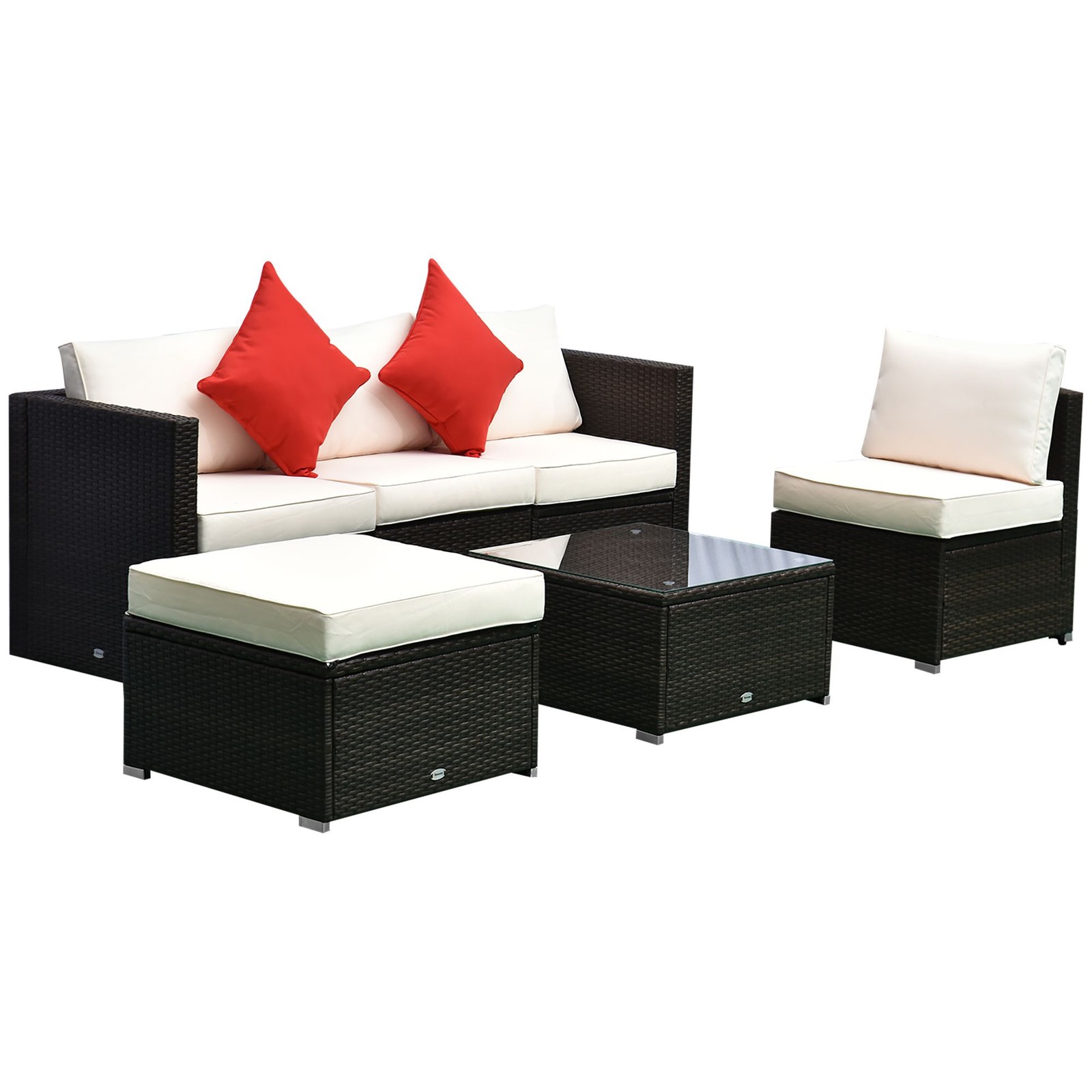 White 6-Piece Outdoor Couch Set 4-Sectional Seats Ottoman + Glass Table
