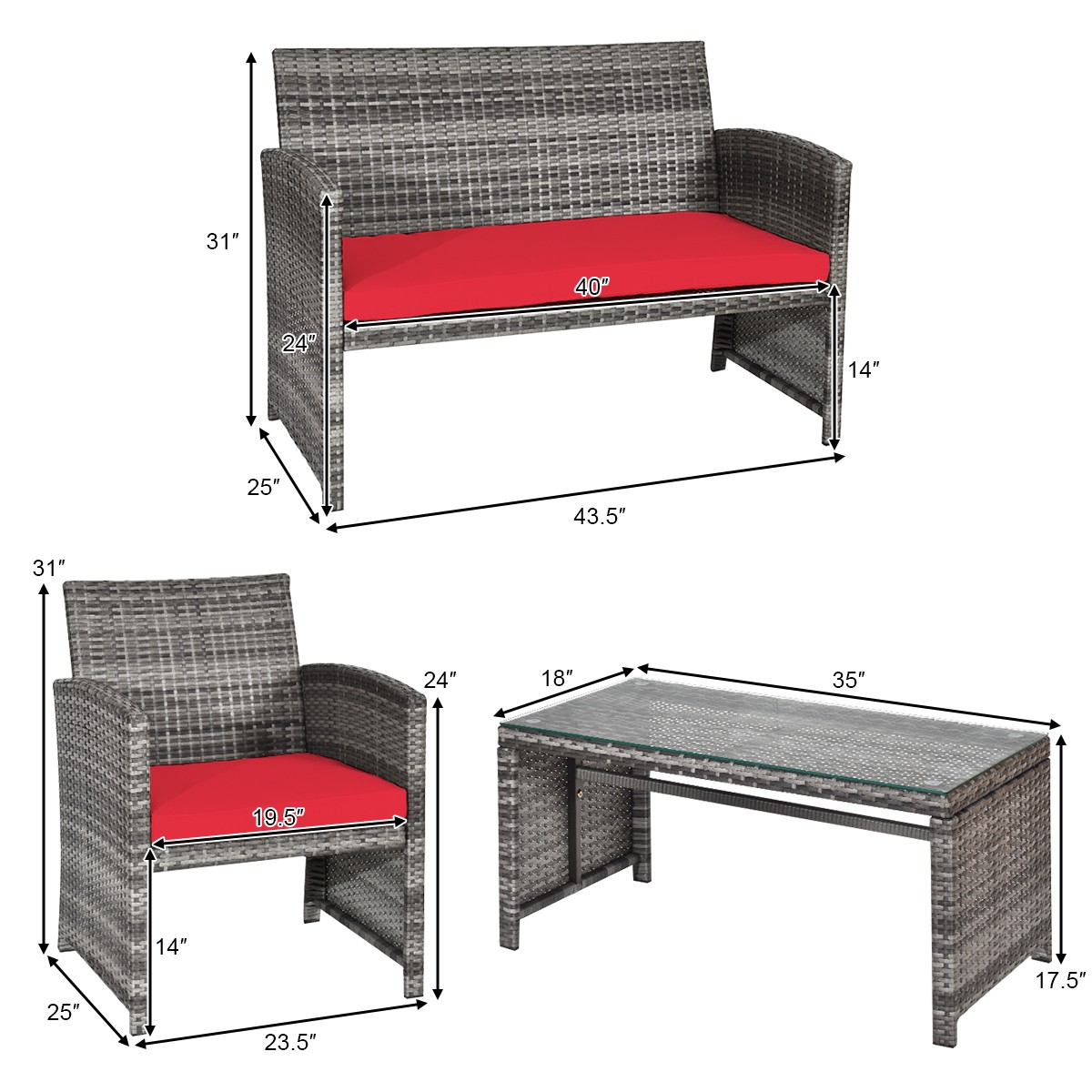 Patiojoy 4PCS Patio Rattan Furniture Set Glass Table Top Cushioned Sofa Red