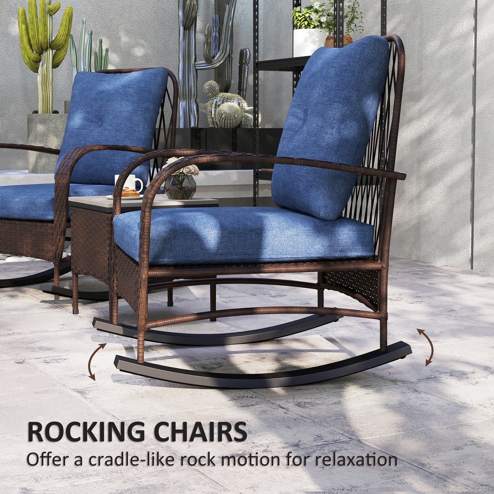 Outsunny Rocking Chairs & Coffee Table, Patio Furniture Set with Cushion, Brown