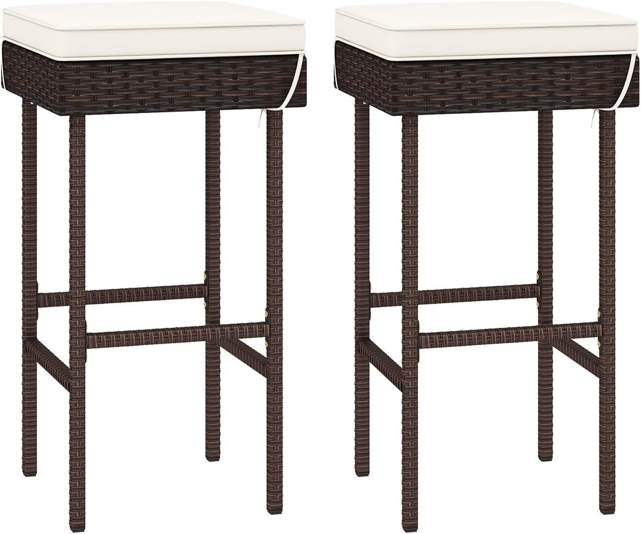 Patio Bar Stools Set of 2 Outdoor Rattan Bar Chairs W/ Cushion Sturdy Steel