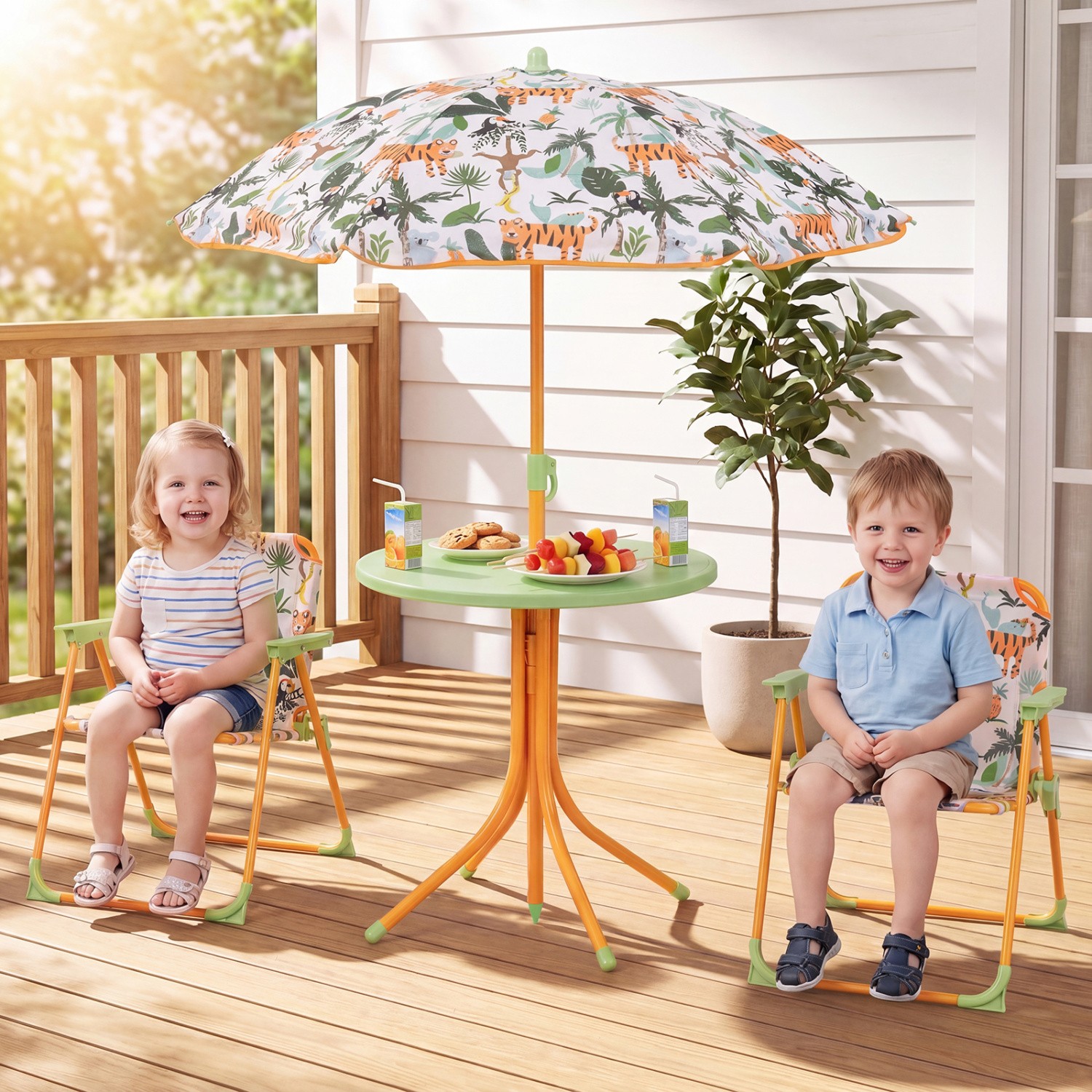 Kids Outdoor Table Chair Set 2 Folding Chairs Adjust Umbrella Yellow
