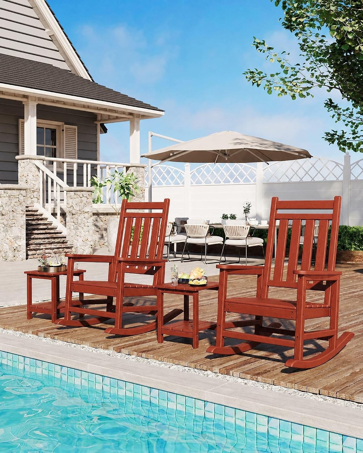 Set of 3 HDPE Rocking Chairs w/ Side Table High Back 350 lbs Patio Porch Rockers