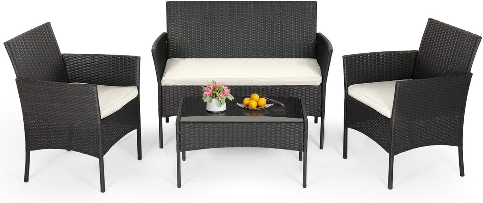 | 4-Piece Patio Furniture Set | Black | Outdoor Wicker Furniture with Coffee Tab