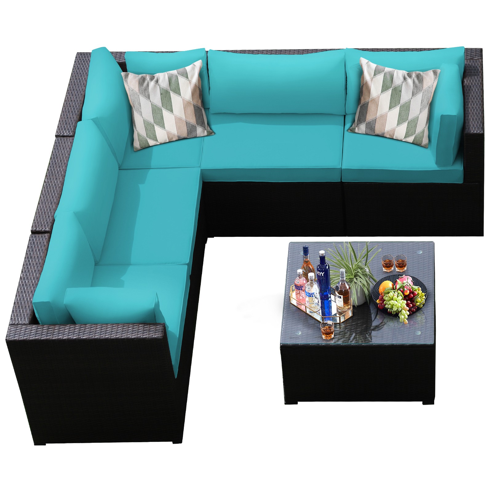 Patiojoy Patio Rattan Furniture Set 6PCS Sectional Cushioned Sofa Deck Turquoise