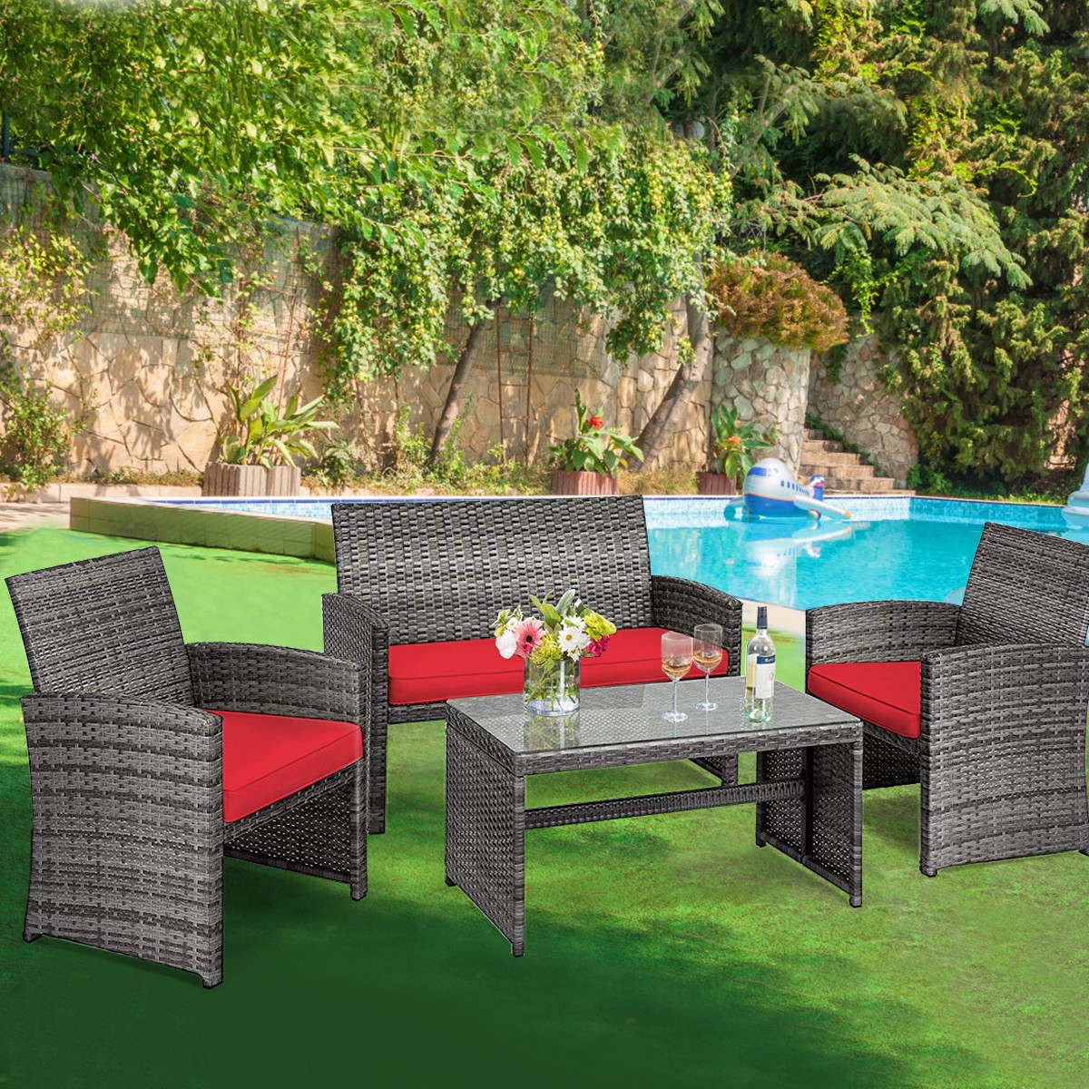 Patiojoy 4PCS Patio Rattan Furniture Set Glass Table Top Cushioned Sofa Red