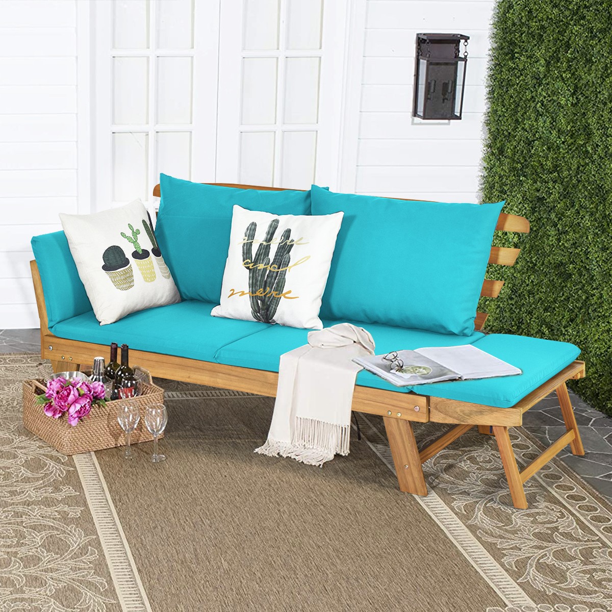 Patio Convertible Sofa Daybed Solid Wood Adjustable Furniture Cushion Turquoise