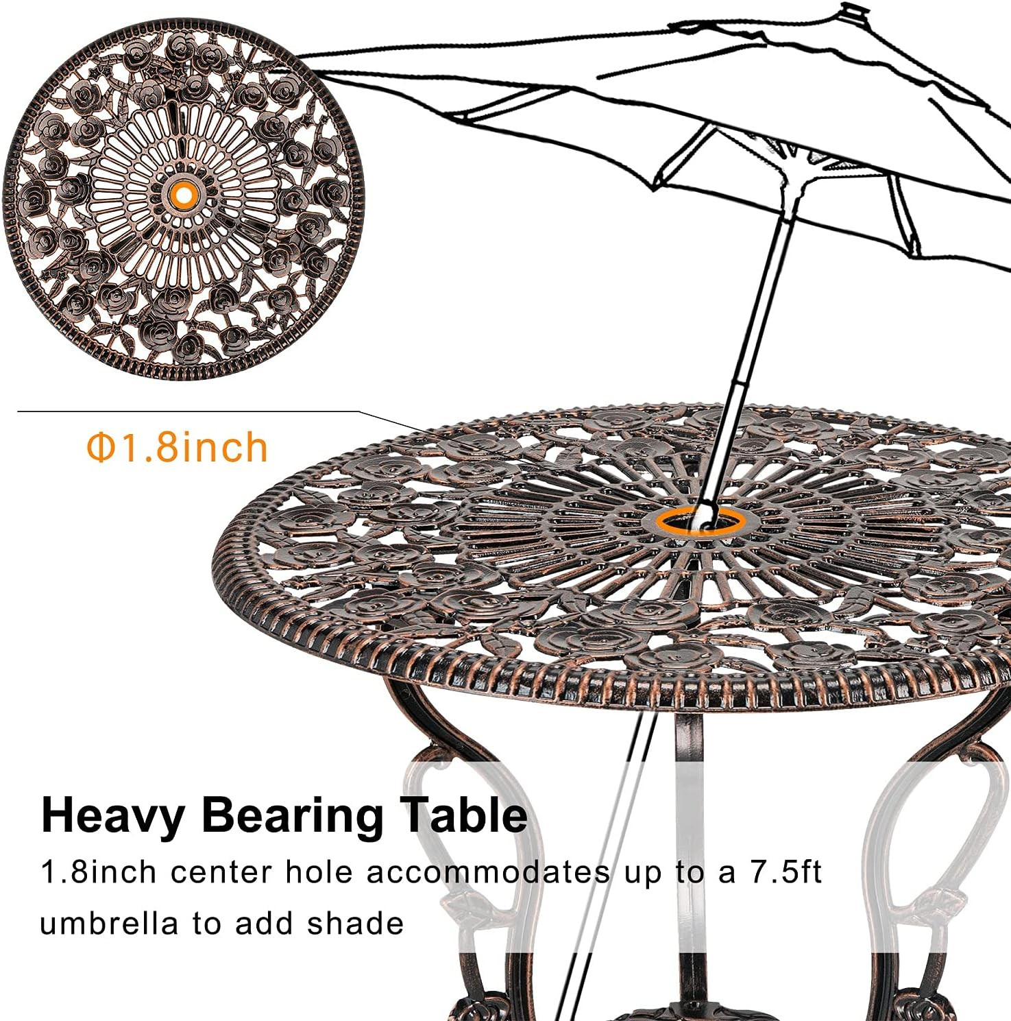 HOMEFUN Bistro Table and Chairs Set of 2 Outdoor 3 Piece Patio Set, Rose Pattern