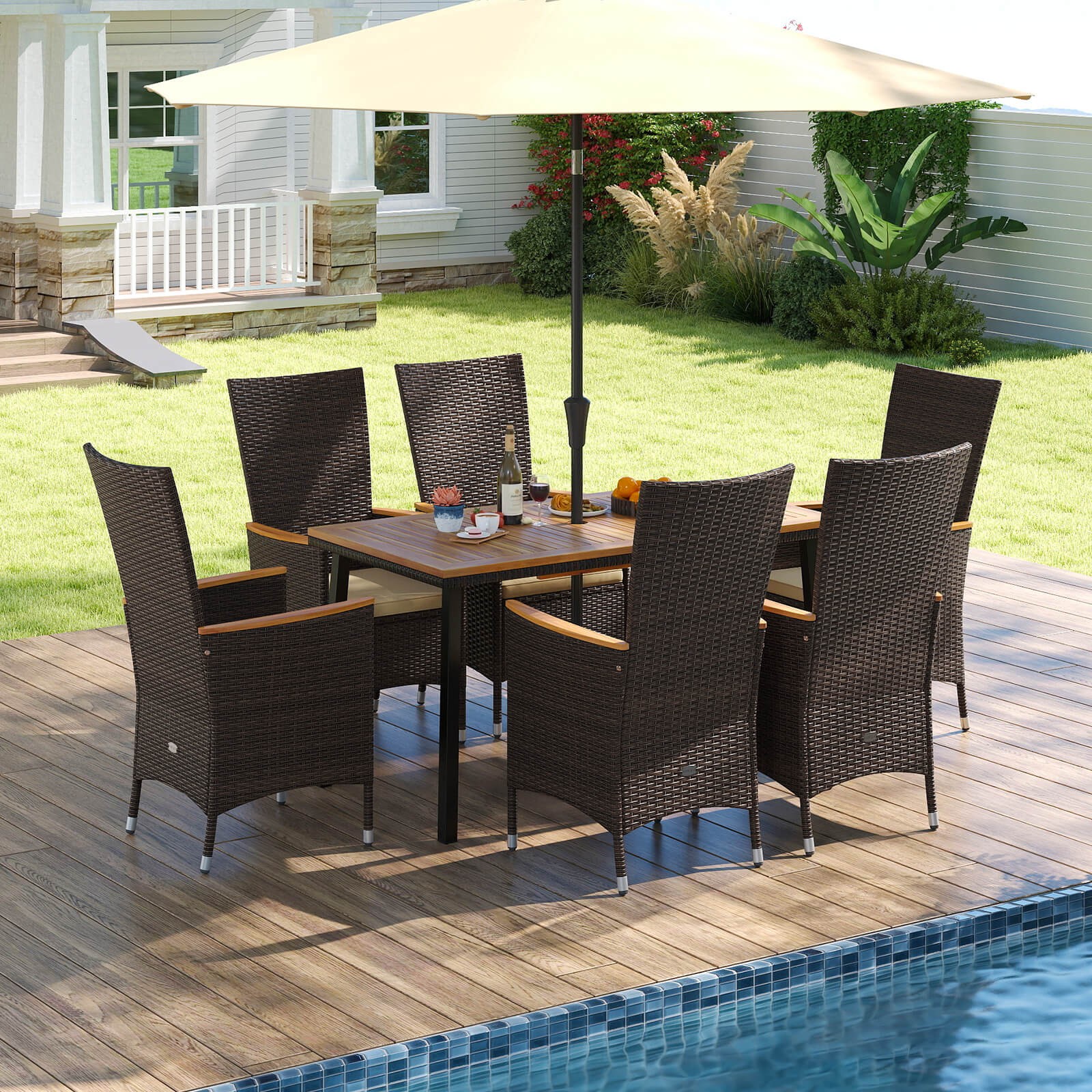 7PCS Outdoor Patio Wicker Armchairs Acacia Wood Table w/Umbrella Hole, Cushions