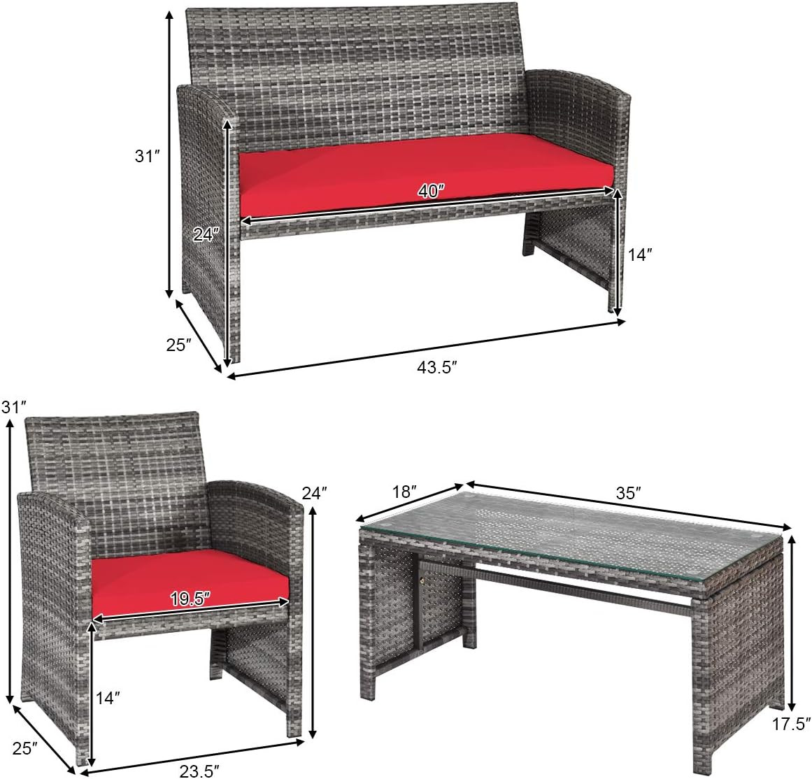 4 PCS Wicker Patio Conversation Set, Outdoor Rattan Sofas with Table Set, Patio